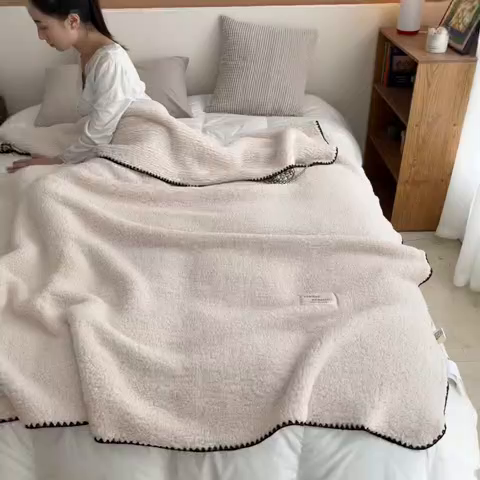 91家纺网 家纺一手货源 找家纺 穆琪 2025年新款A类泡泡绒多功能毯 精致贝壳边盖毯 米月白