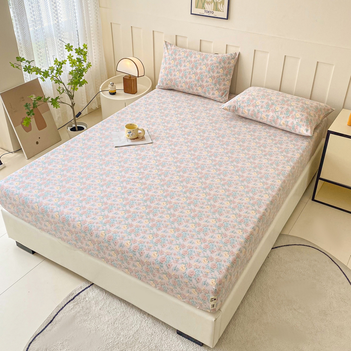 91家纺网 家纺一手货源 找家纺 首爱家纺 2025新款木棉双层纱印花床笠 百花齐放