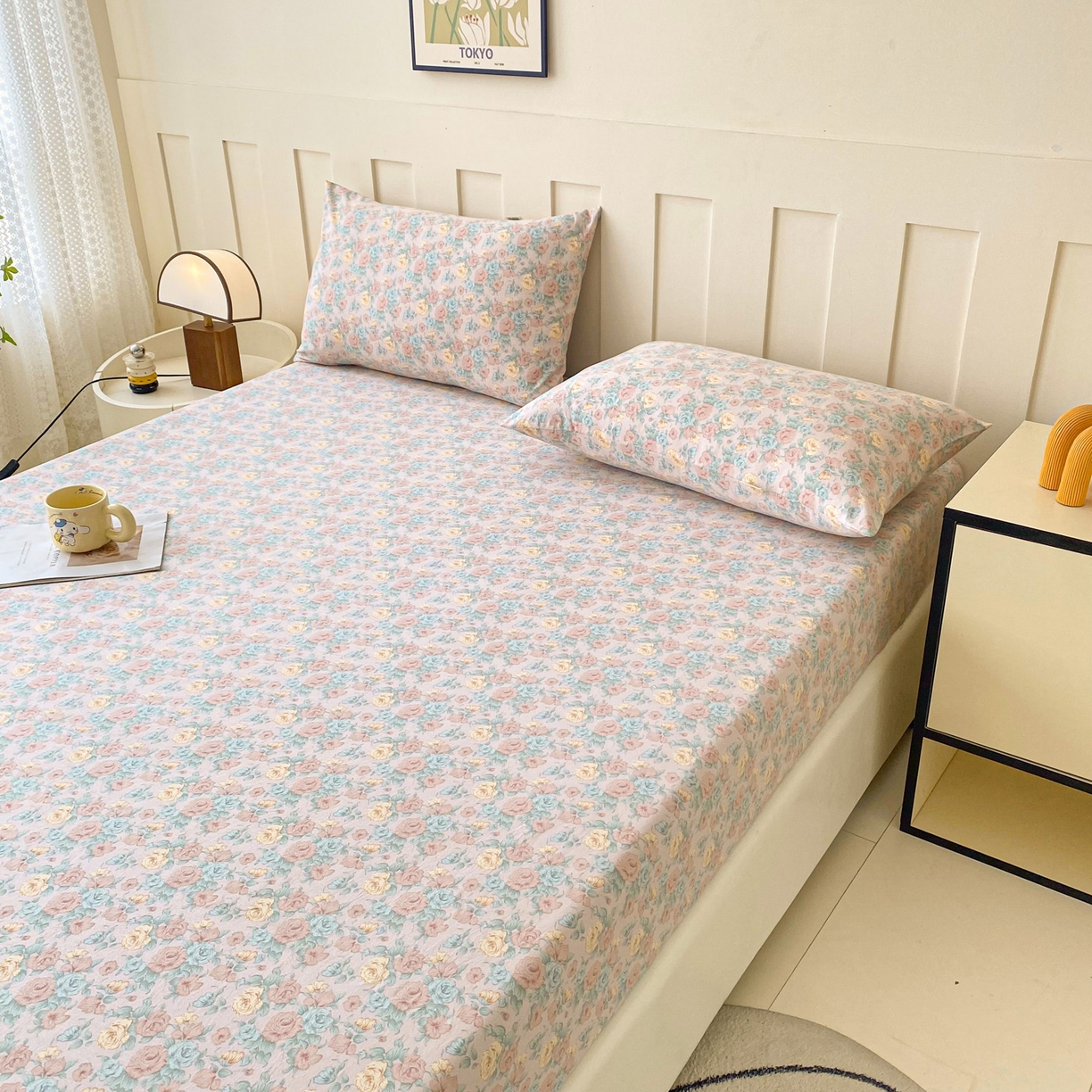 91家纺网 家纺一手货源 找家纺 首爱家纺 2025新款木棉双层纱印花床笠 百花齐放