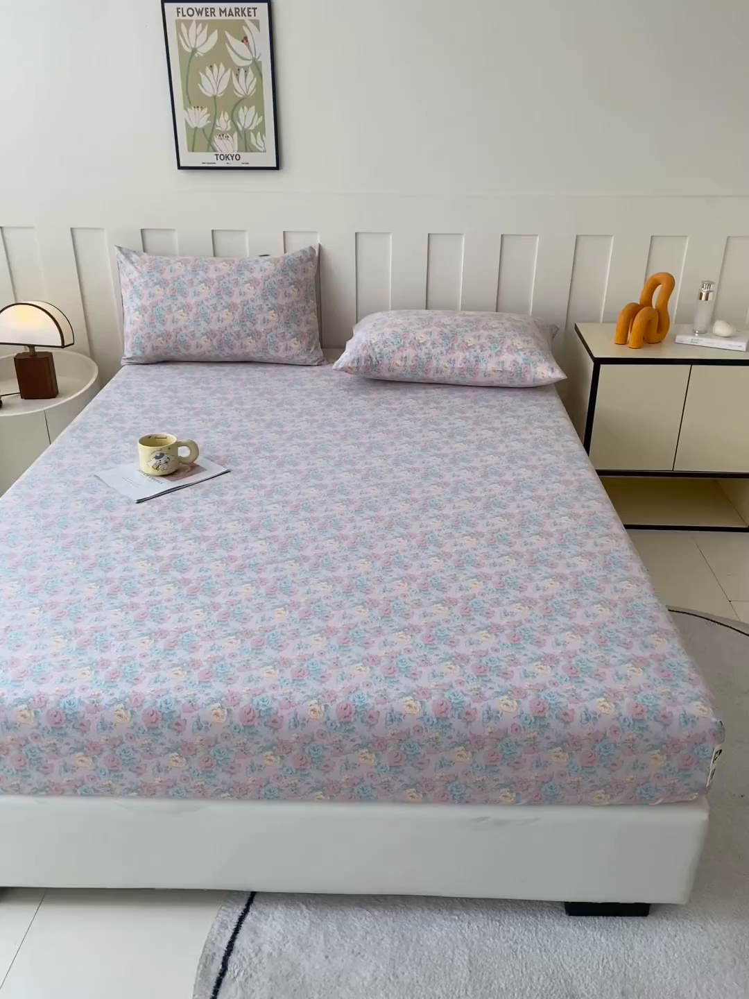 91家纺网 家纺一手货源 找家纺 首爱家纺 2025新款木棉双层纱印花床笠 百花齐放