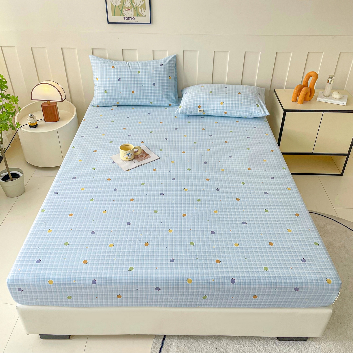 91家纺网 家纺一手货源 找家纺 首爱家纺 2025新款木棉双层纱印花床笠 格子橙-蓝