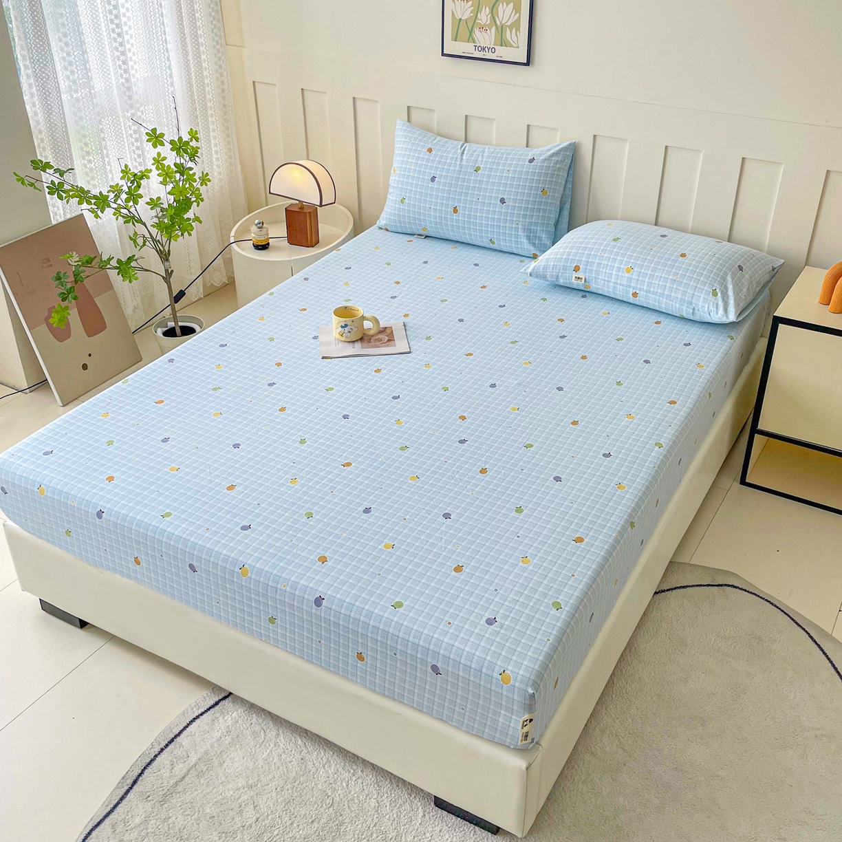 91家纺网 家纺一手货源 找家纺 首爱家纺 2025新款木棉双层纱印花床笠 格子橙-蓝