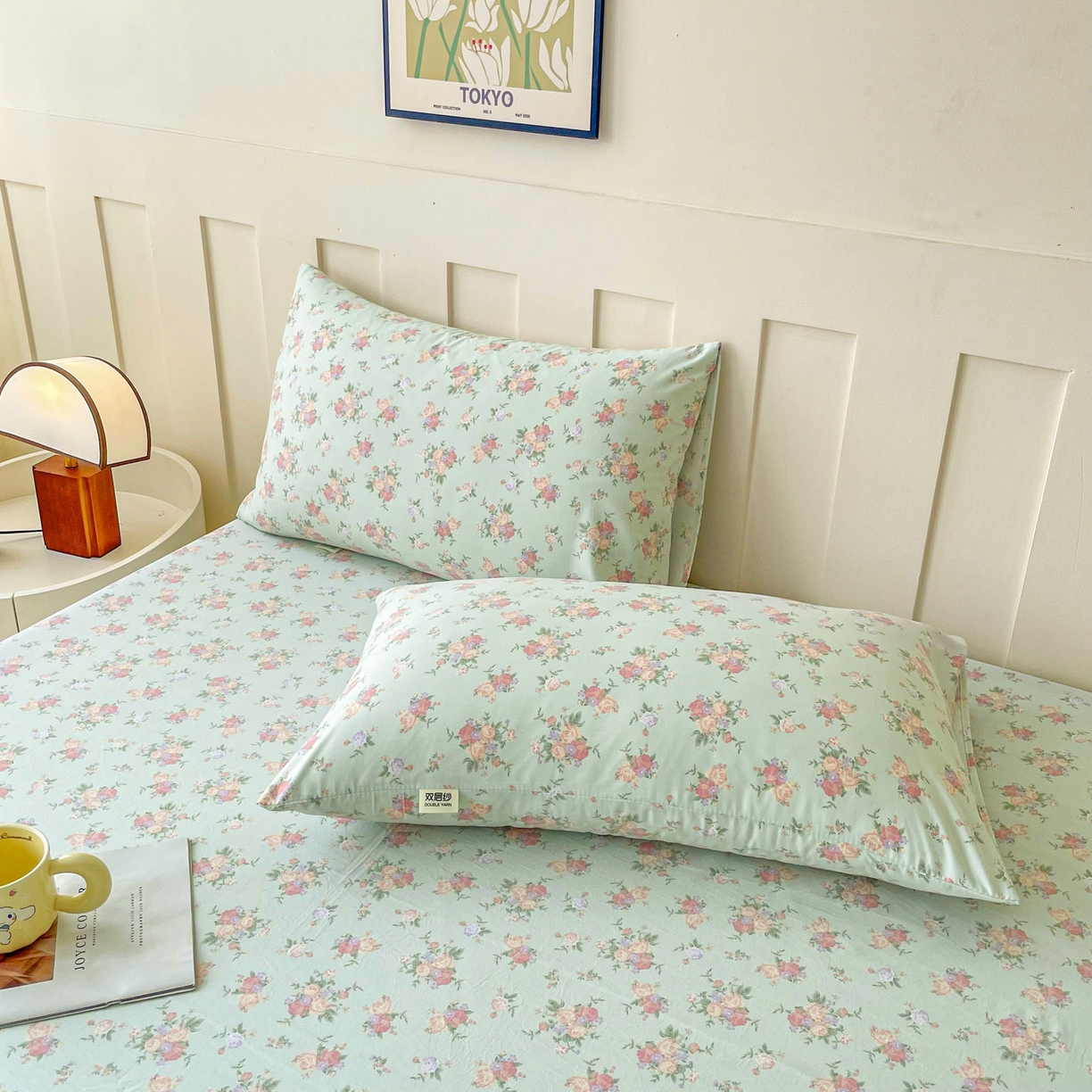 91家纺网 家纺一手货源 找家纺 首爱家纺 2025新款木棉双层纱印花床笠 花开半夏