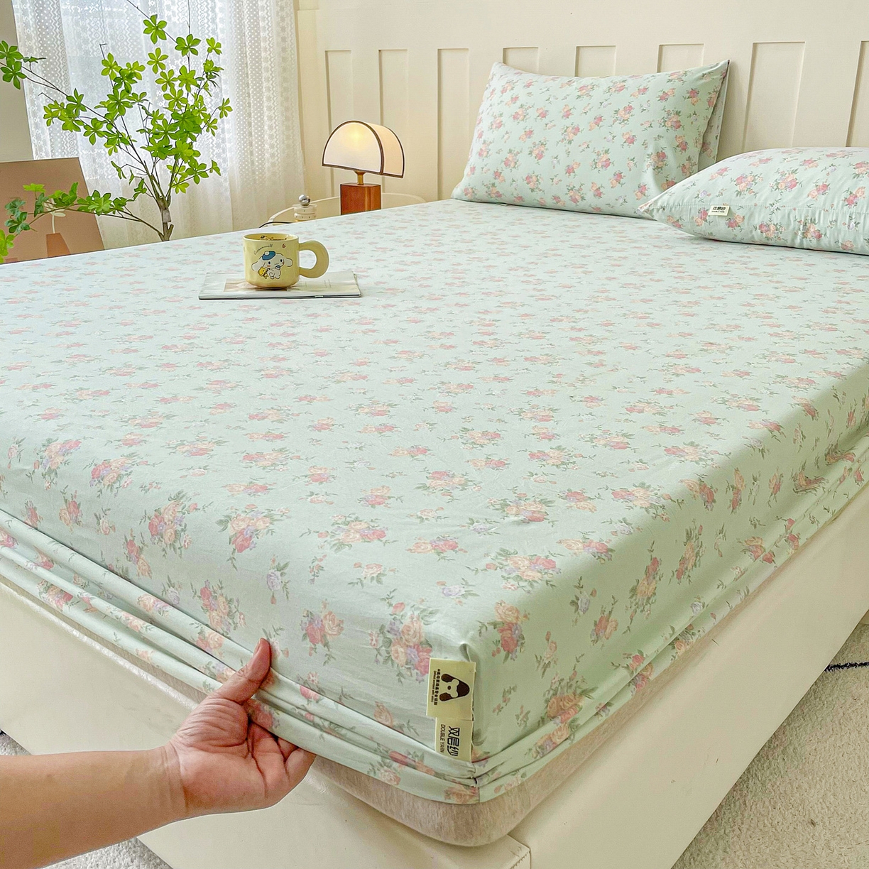 91家纺网 家纺一手货源 找家纺 首爱家纺 2025新款木棉双层纱印花床笠 花开半夏