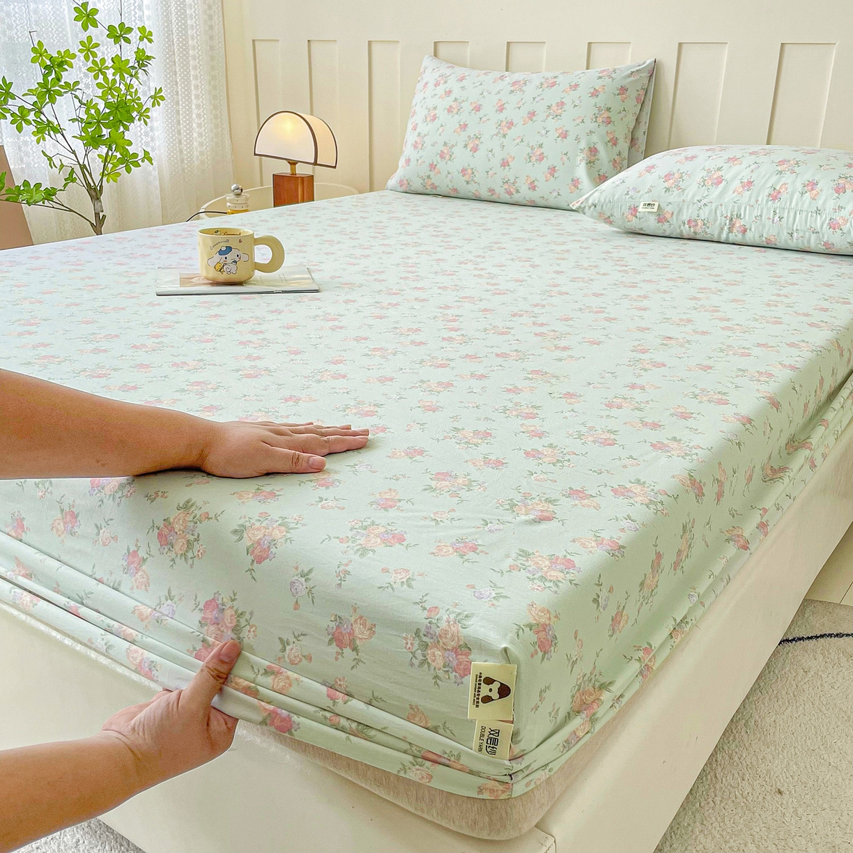 91家纺网 家纺一手货源 找家纺 首爱家纺 2025新款木棉双层纱印花床笠 花开半夏