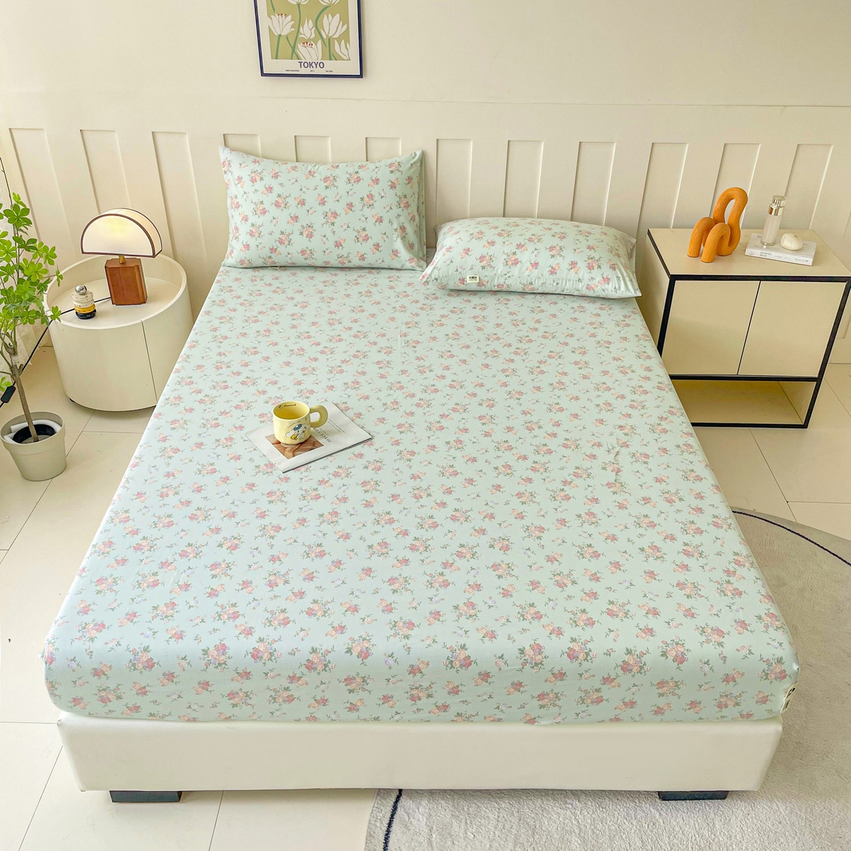 91家纺网 家纺一手货源 找家纺 首爱家纺 2025新款木棉双层纱印花床笠 花开半夏