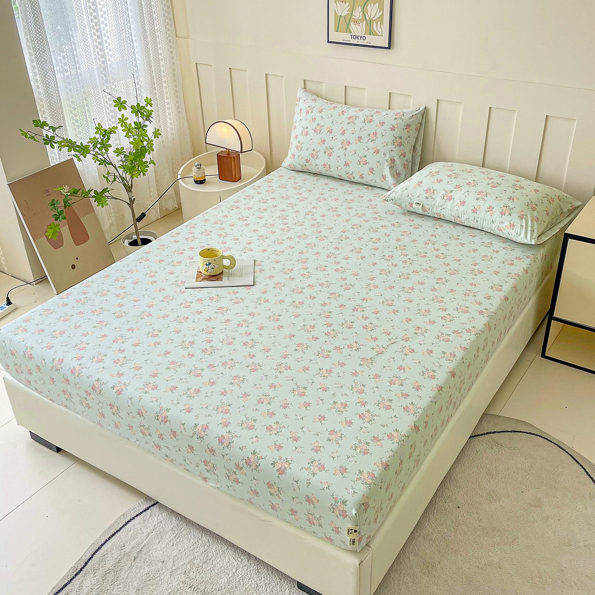 91家纺网 家纺一手货源 找家纺 首爱家纺 2025新款木棉双层纱印花床笠 花开半夏