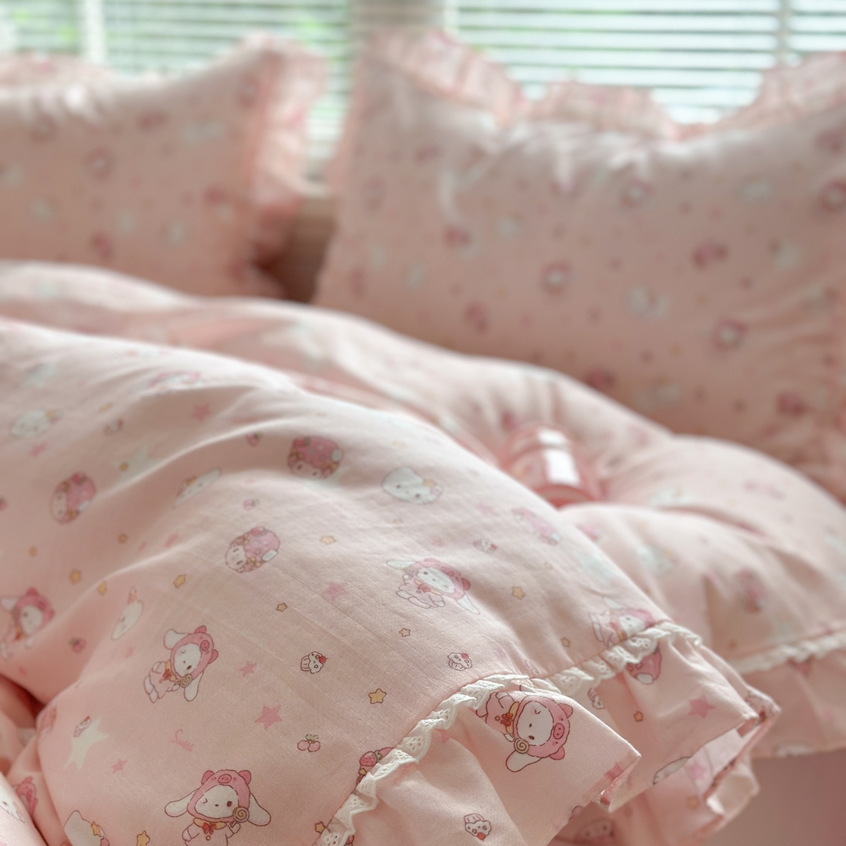 91家纺网 家纺一手货源 找家纺 淑女公社家纺 2025新款全棉纯棉双层纱四件套-可爱猫 可爱猫  粉色