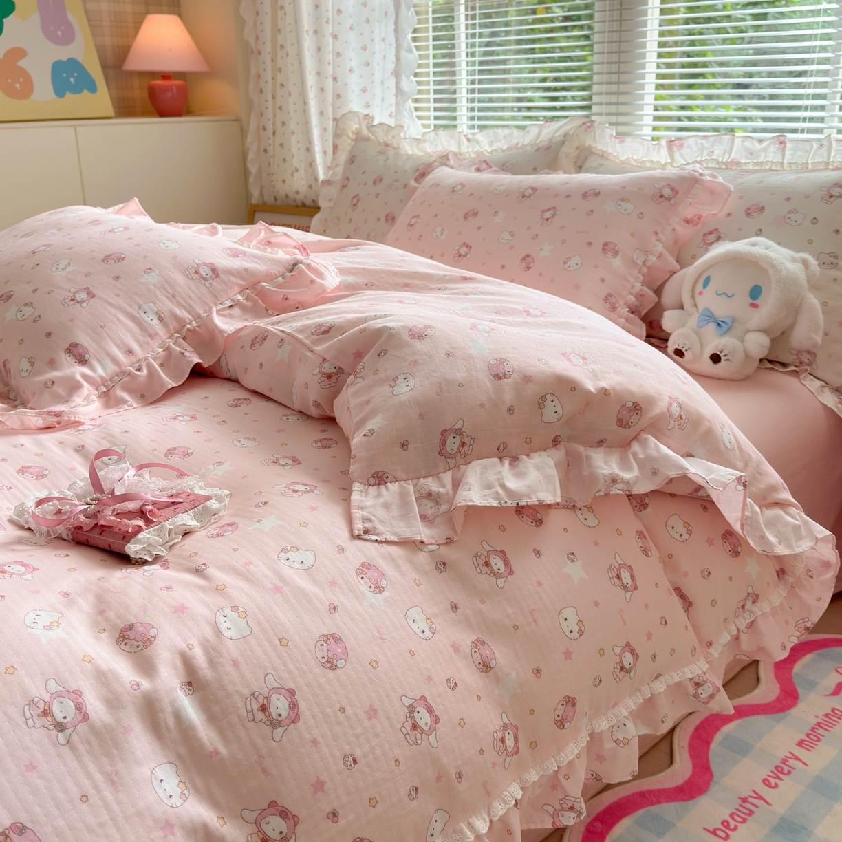 91家纺网 家纺一手货源 找家纺 淑女公社家纺 2025新款全棉纯棉双层纱四件套-可爱猫 可爱猫  粉色