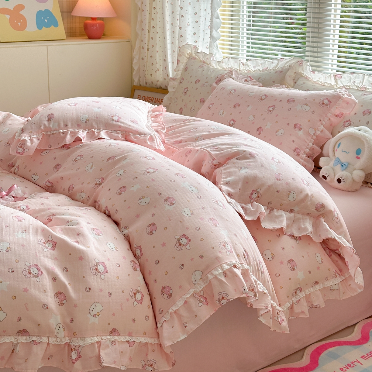 91家纺网 家纺一手货源 找家纺 淑女公社家纺 2025新款全棉纯棉双层纱四件套-可爱猫 可爱猫  粉色