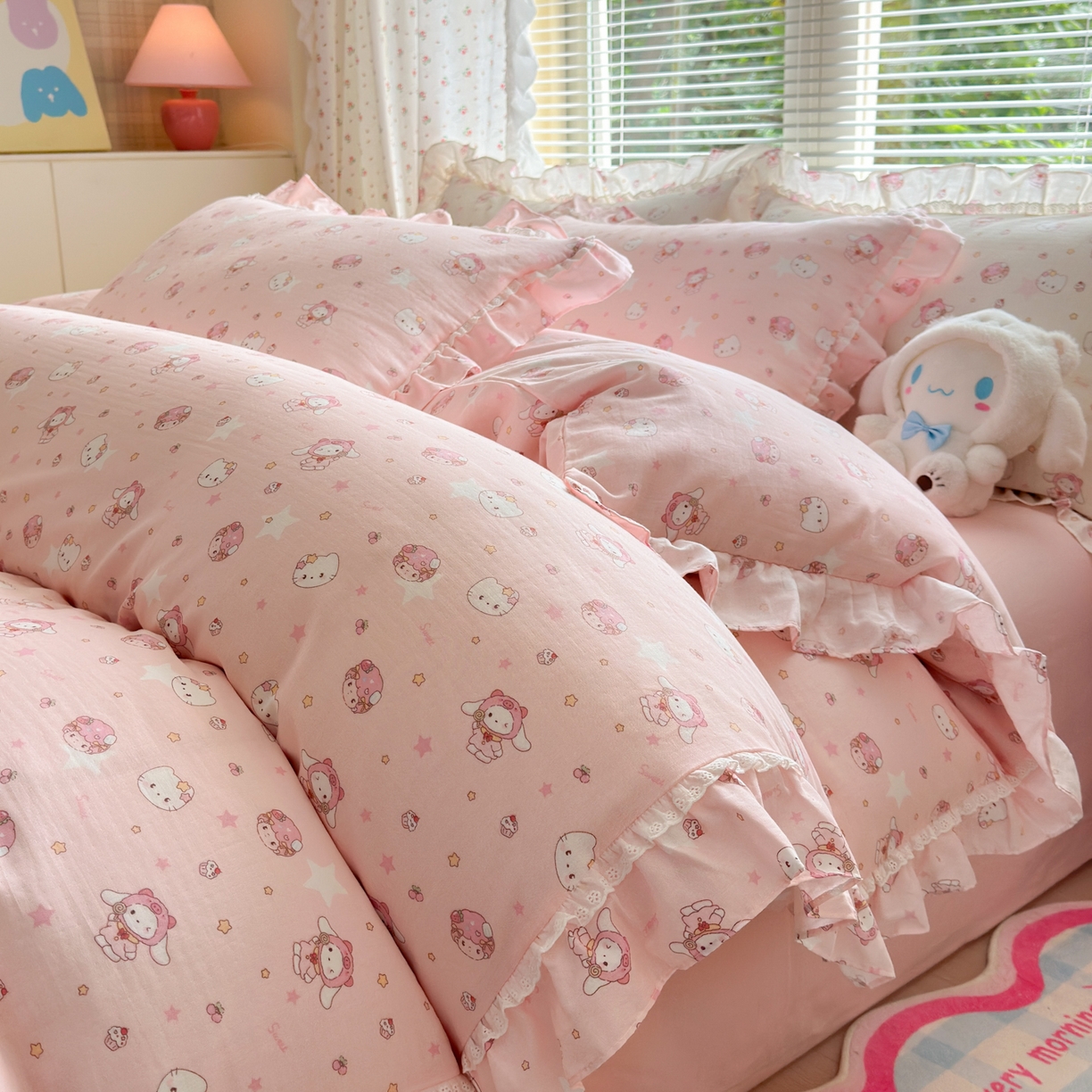 91家纺网 家纺一手货源 找家纺 淑女公社家纺 2025新款全棉纯棉双层纱四件套-可爱猫 可爱猫  粉色