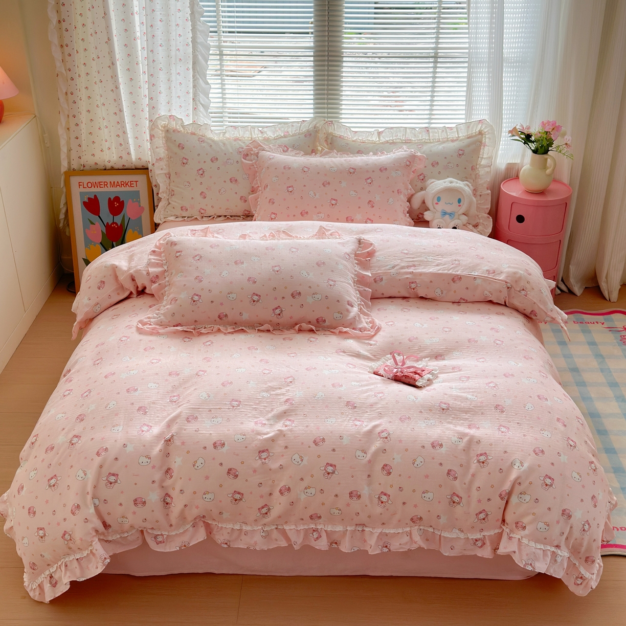 91家纺网 家纺一手货源 找家纺 淑女公社家纺 2025新款全棉纯棉双层纱四件套-可爱猫 可爱猫  粉色