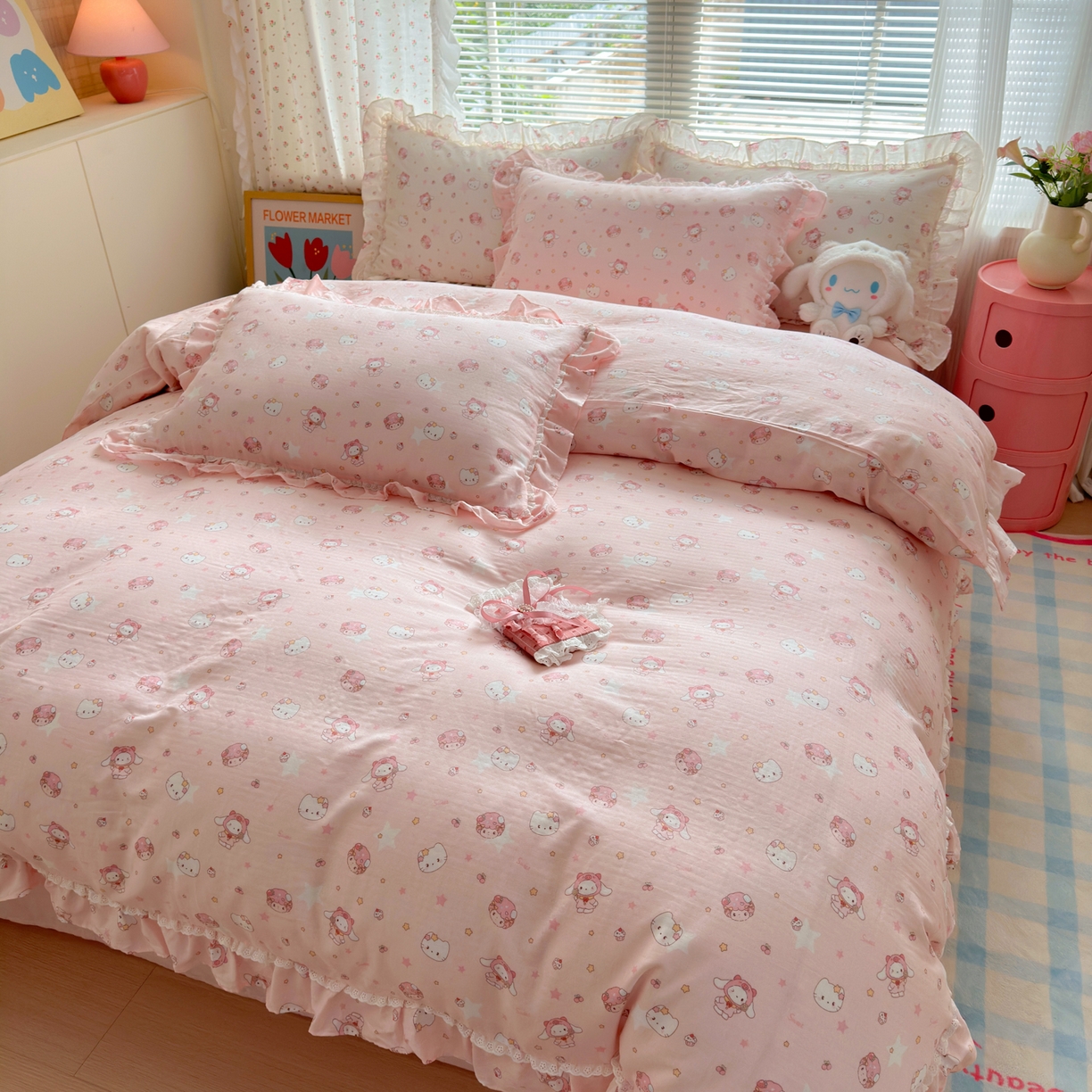 91家纺网 家纺一手货源 找家纺 淑女公社家纺 2025新款全棉纯棉双层纱四件套-可爱猫 可爱猫  粉色