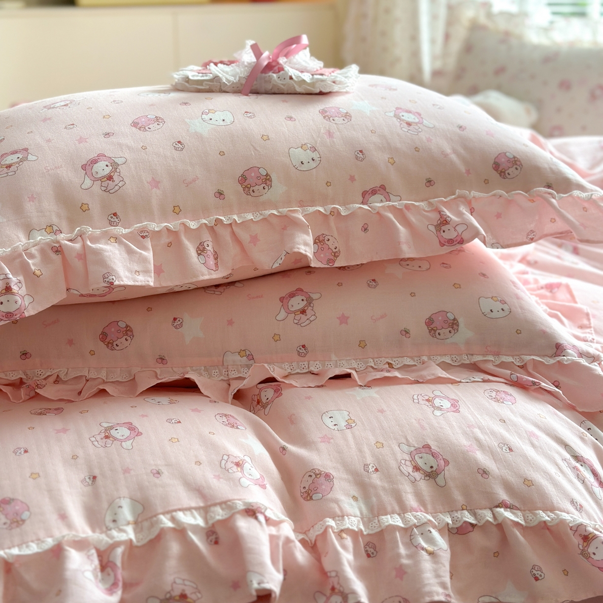 91家纺网 家纺一手货源 找家纺 淑女公社家纺 2025新款全棉纯棉双层纱四件套-可爱猫 可爱猫  粉色