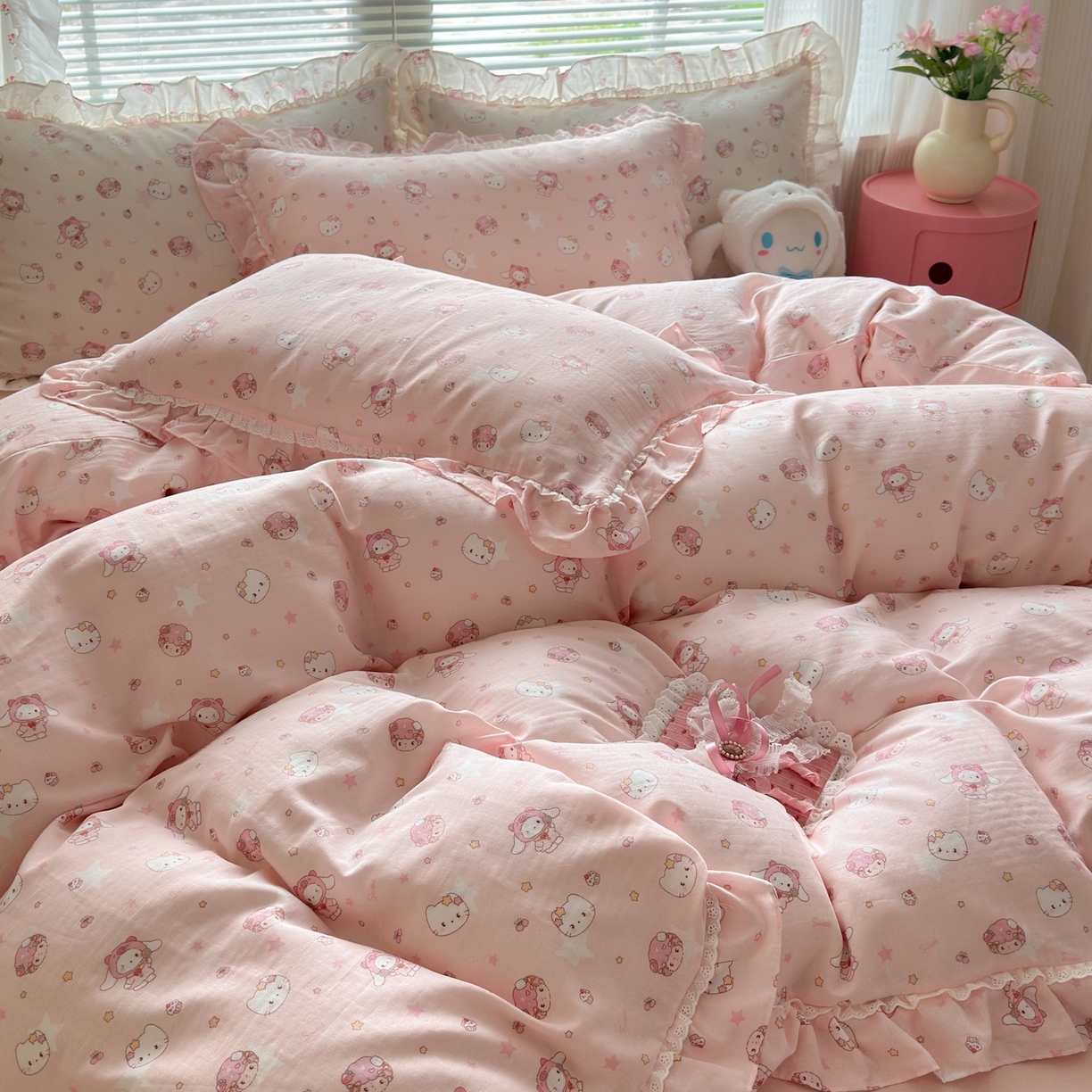 91家纺网 家纺一手货源 找家纺 淑女公社家纺 2025新款全棉纯棉双层纱四件套-可爱猫 可爱猫  粉色