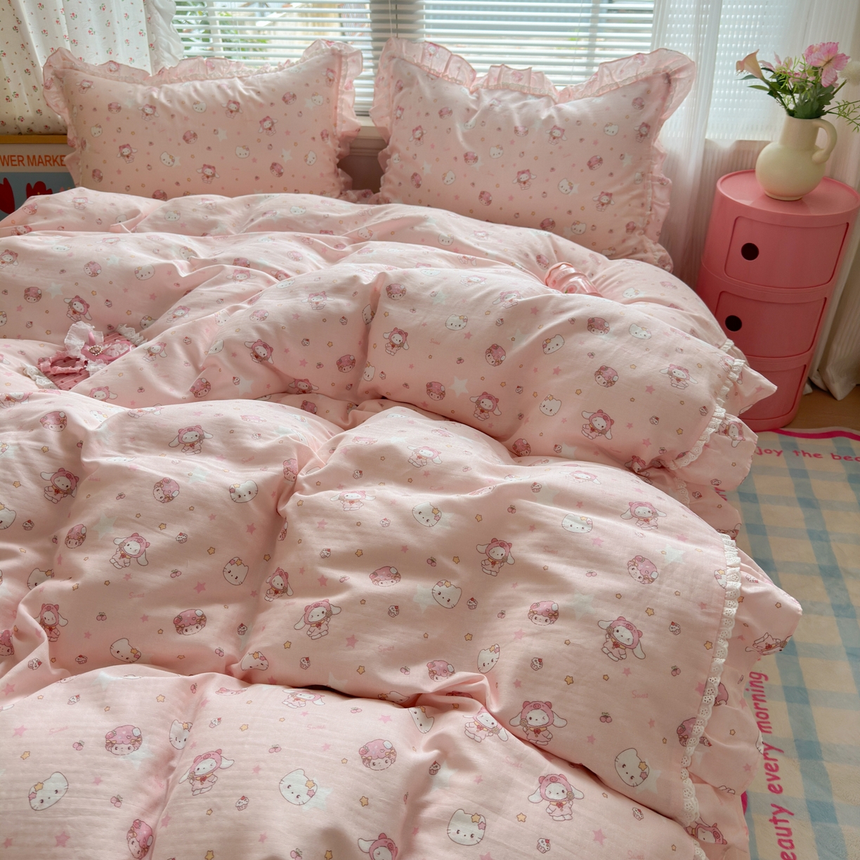 91家纺网 家纺一手货源 找家纺 淑女公社家纺 2025新款全棉纯棉双层纱四件套-可爱猫 可爱猫  粉色