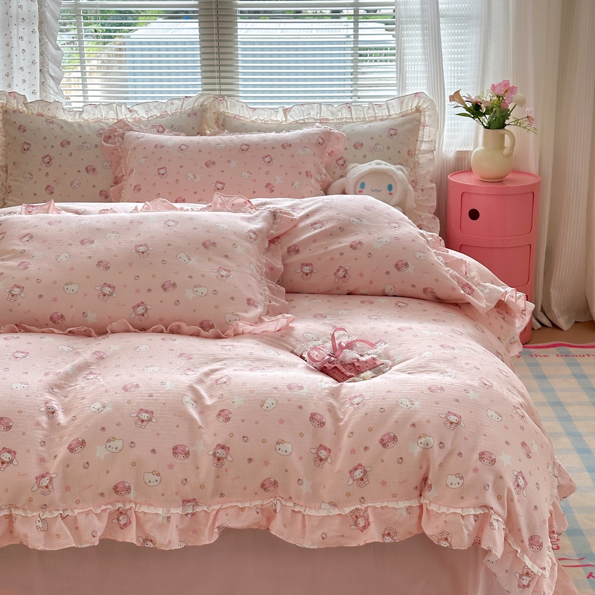 91家纺网 家纺一手货源 找家纺 淑女公社家纺 2025新款全棉纯棉双层纱四件套-可爱猫 可爱猫  粉色