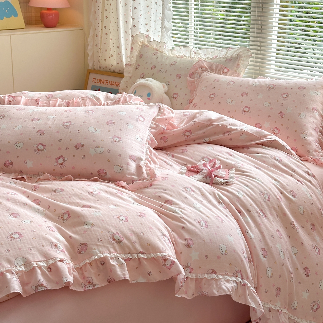 91家纺网 家纺一手货源 找家纺 淑女公社家纺 2025新款全棉纯棉双层纱四件套-可爱猫 可爱猫  粉色