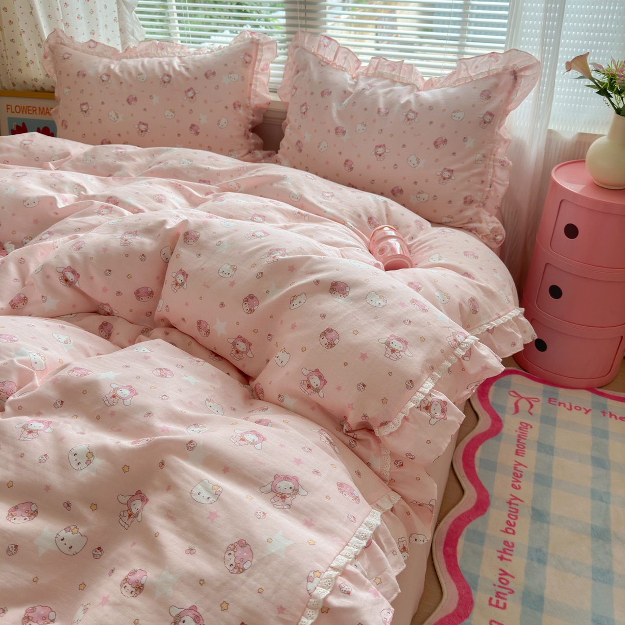 91家纺网 家纺一手货源 找家纺 淑女公社家纺 2025新款全棉纯棉双层纱四件套-可爱猫 可爱猫  粉色