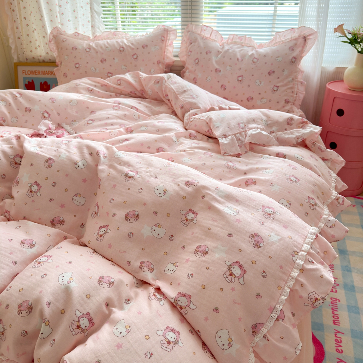 91家纺网 家纺一手货源 找家纺 淑女公社家纺 2025新款全棉纯棉双层纱四件套-可爱猫 可爱猫  粉色