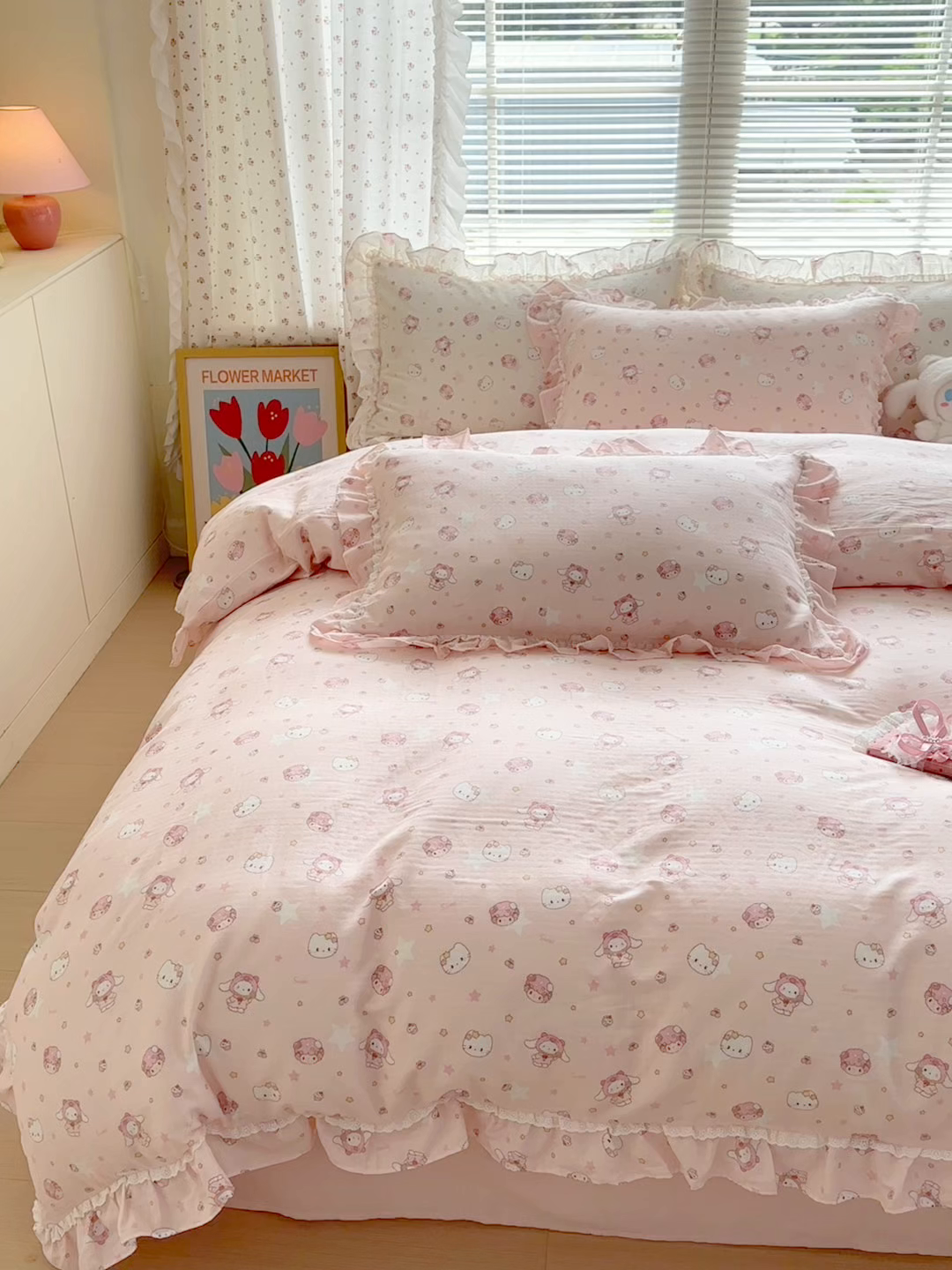 91家纺网 家纺一手货源 找家纺 淑女公社家纺 2025新款全棉纯棉双层纱四件套-可爱猫 可爱猫  粉色