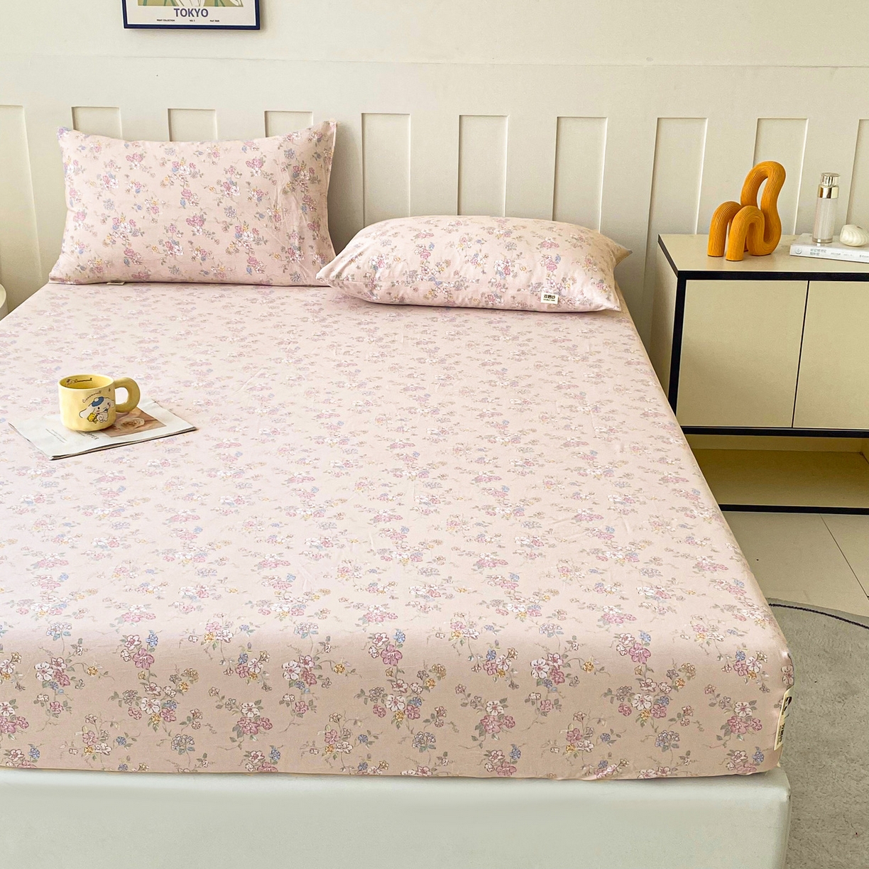 91家纺网 家纺一手货源 找家纺 首爱家纺 2025新款木棉双层纱印花床笠 花清雅香