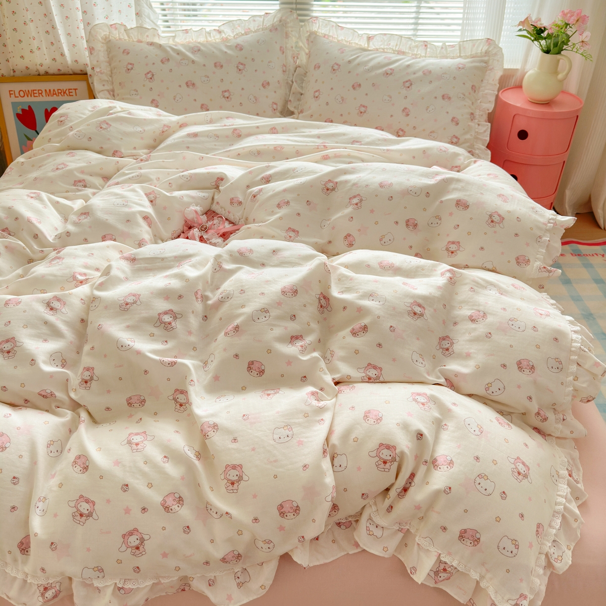 淑女公社家纺 2025新款全棉纯棉双层纱四件套-可爱猫 可爱猫 白色