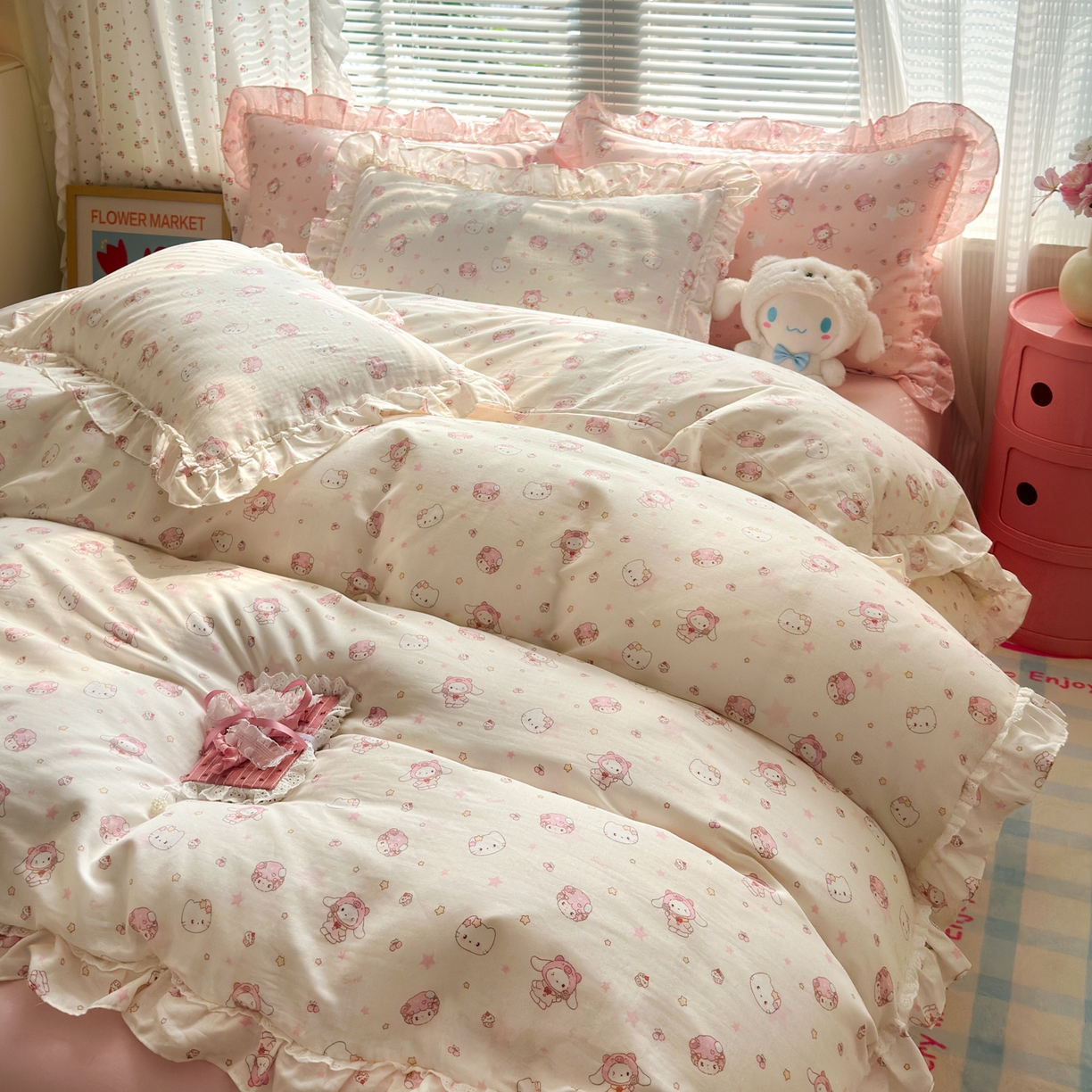 91家纺网 家纺一手货源 找家纺 淑女公社家纺 2025新款全棉纯棉双层纱四件套-可爱猫 可爱猫 白色