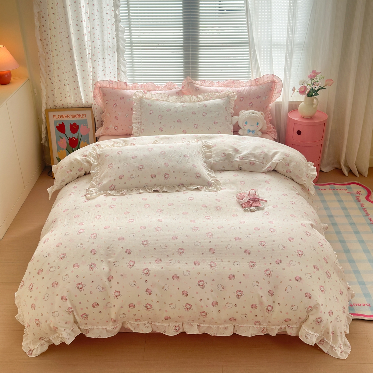 91家纺网 家纺一手货源 找家纺 淑女公社家纺 2025新款全棉纯棉双层纱四件套-可爱猫 可爱猫 白色