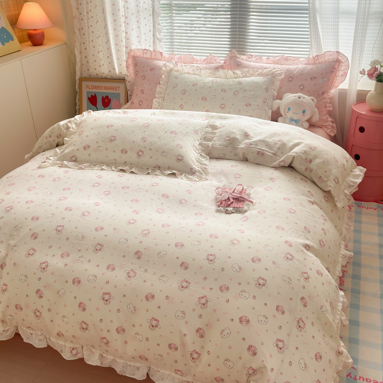 91家纺网 家纺一手货源 找家纺 淑女公社家纺 2025新款全棉纯棉双层纱四件套-可爱猫 可爱猫 白色