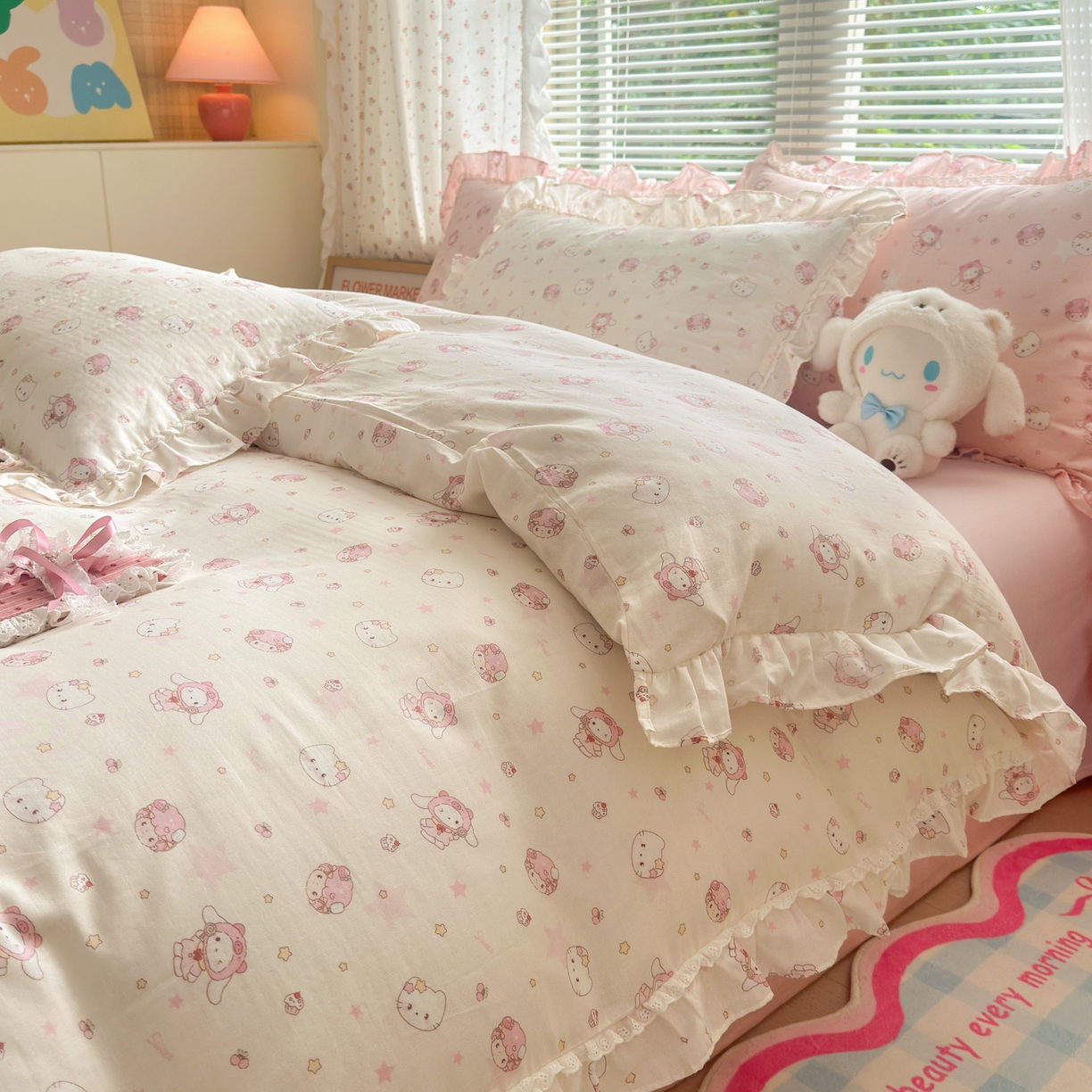 91家纺网 家纺一手货源 找家纺 淑女公社家纺 2025新款全棉纯棉双层纱四件套-可爱猫 可爱猫 白色