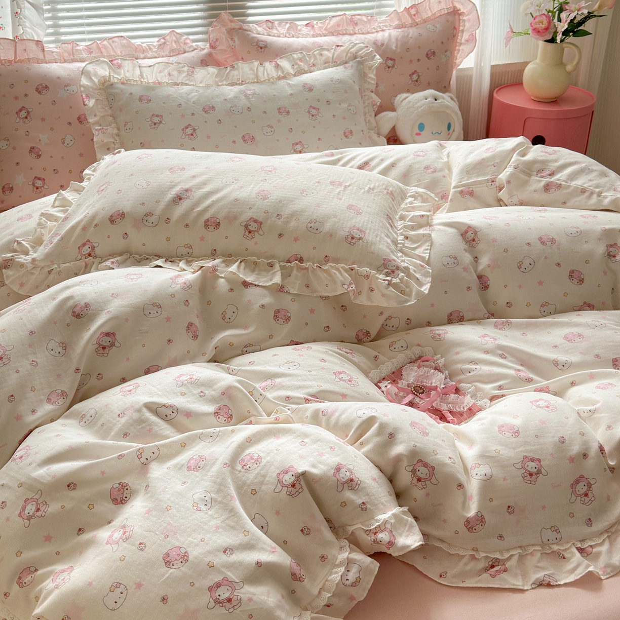 91家纺网 家纺一手货源 找家纺 淑女公社家纺 2025新款全棉纯棉双层纱四件套-可爱猫 可爱猫 白色