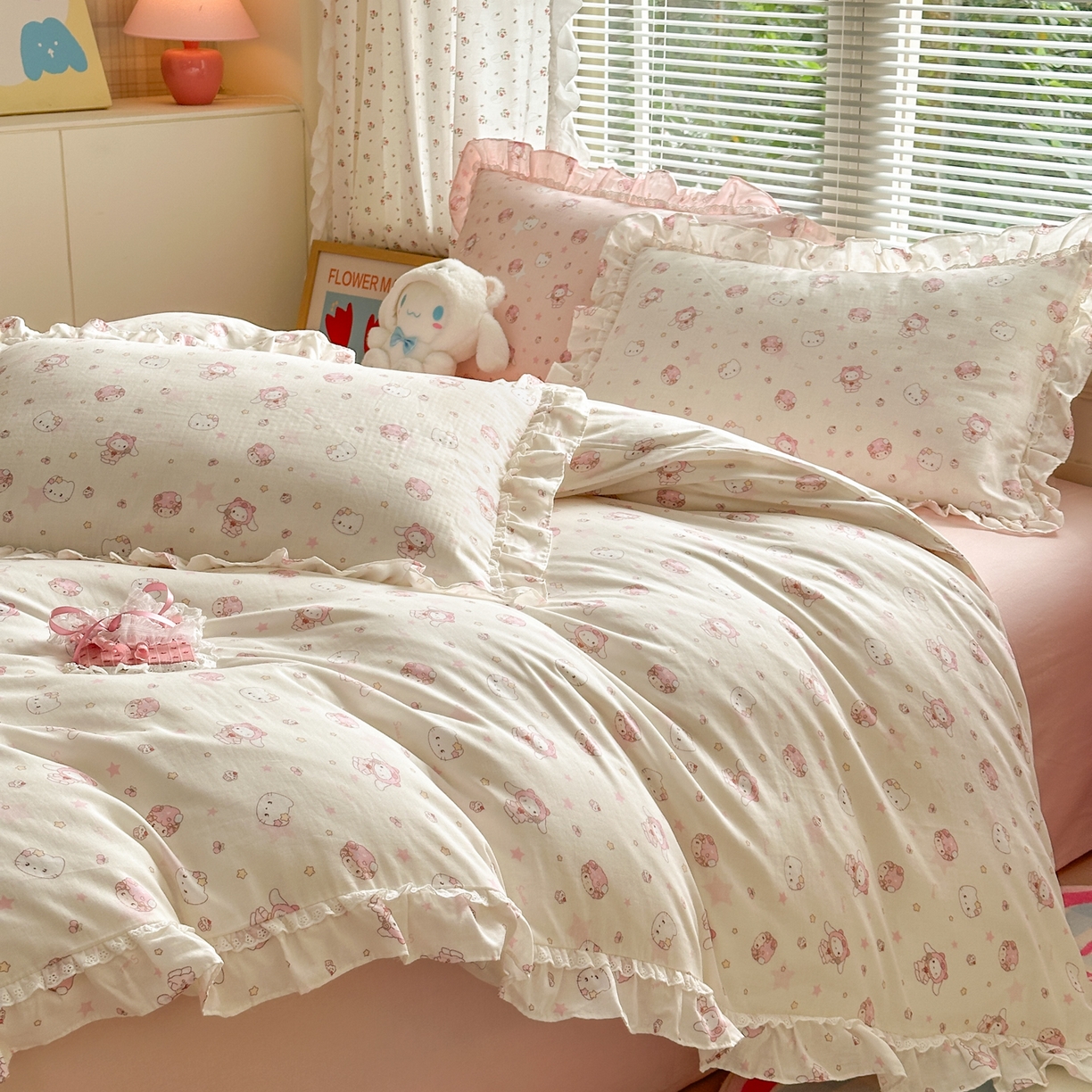 91家纺网 家纺一手货源 找家纺 淑女公社家纺 2025新款全棉纯棉双层纱四件套-可爱猫 可爱猫 白色