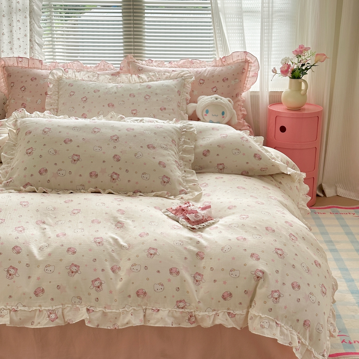 91家纺网 家纺一手货源 找家纺 淑女公社家纺 2025新款全棉纯棉双层纱四件套-可爱猫 可爱猫 白色