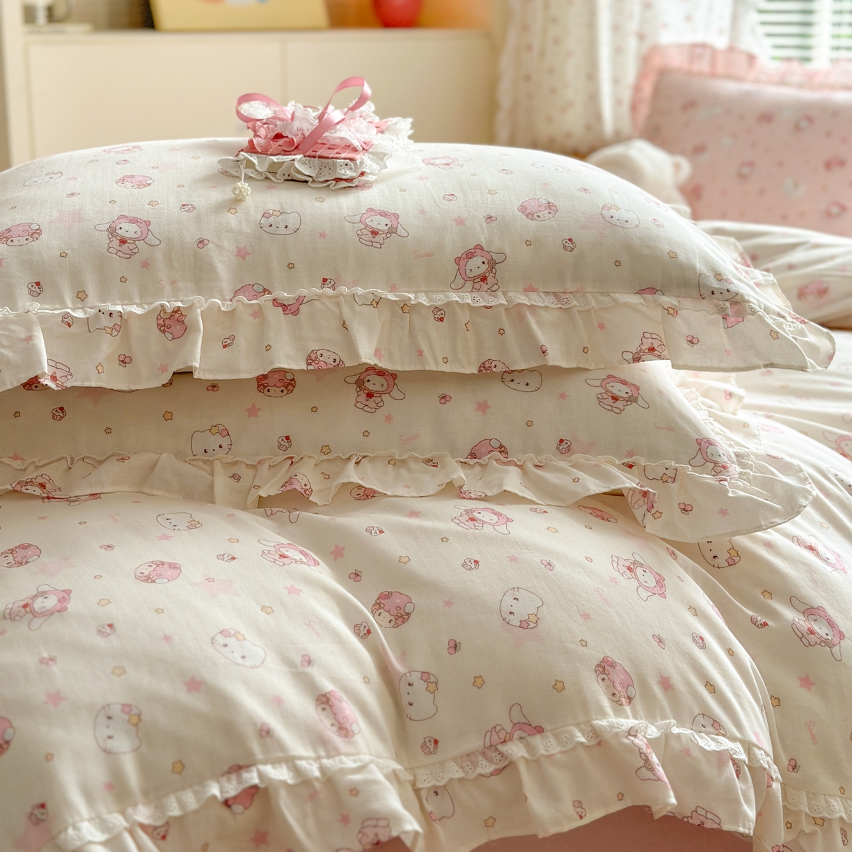 91家纺网 家纺一手货源 找家纺 淑女公社家纺 2025新款全棉纯棉双层纱四件套-可爱猫 可爱猫 白色