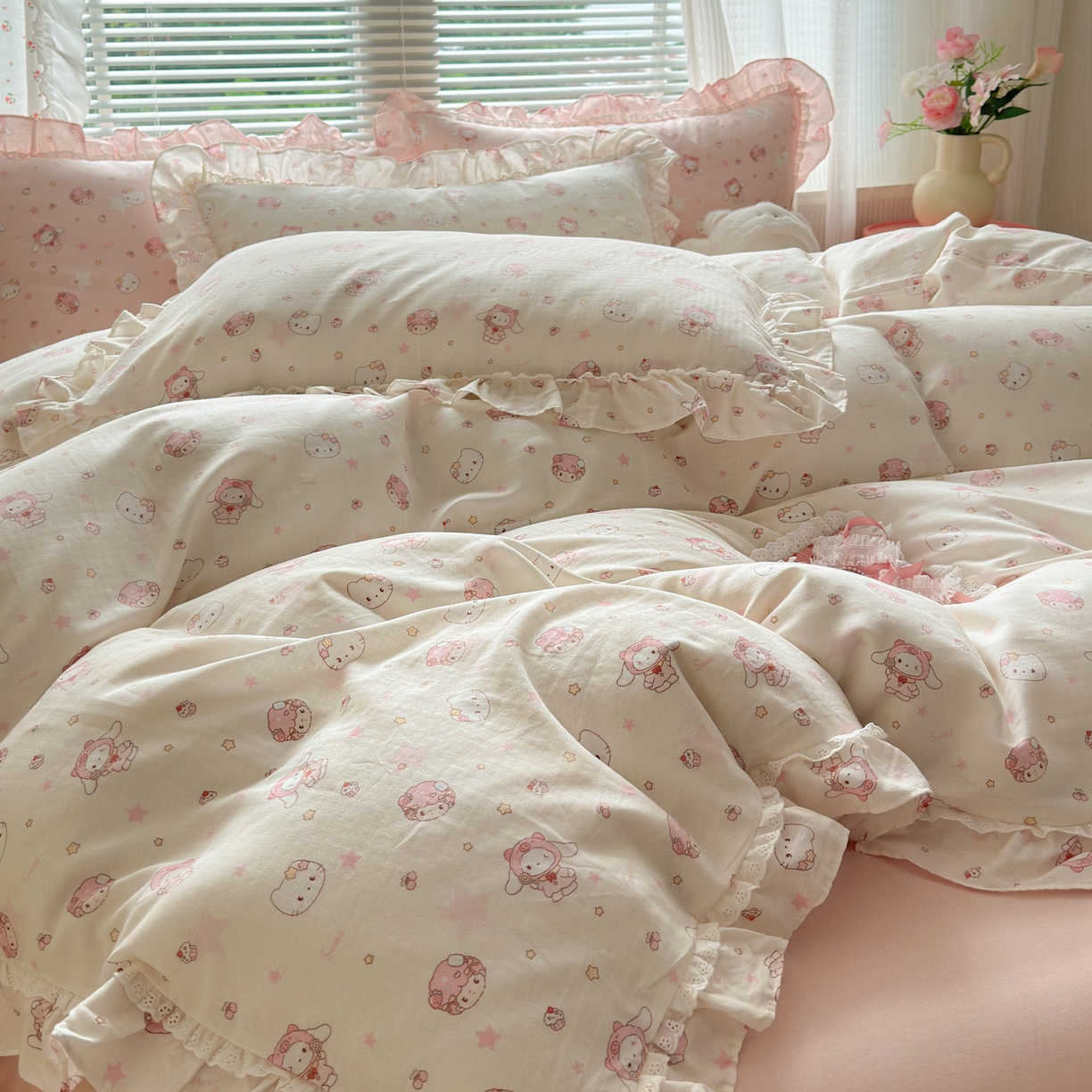 91家纺网 家纺一手货源 找家纺 淑女公社家纺 2025新款全棉纯棉双层纱四件套-可爱猫 可爱猫 白色