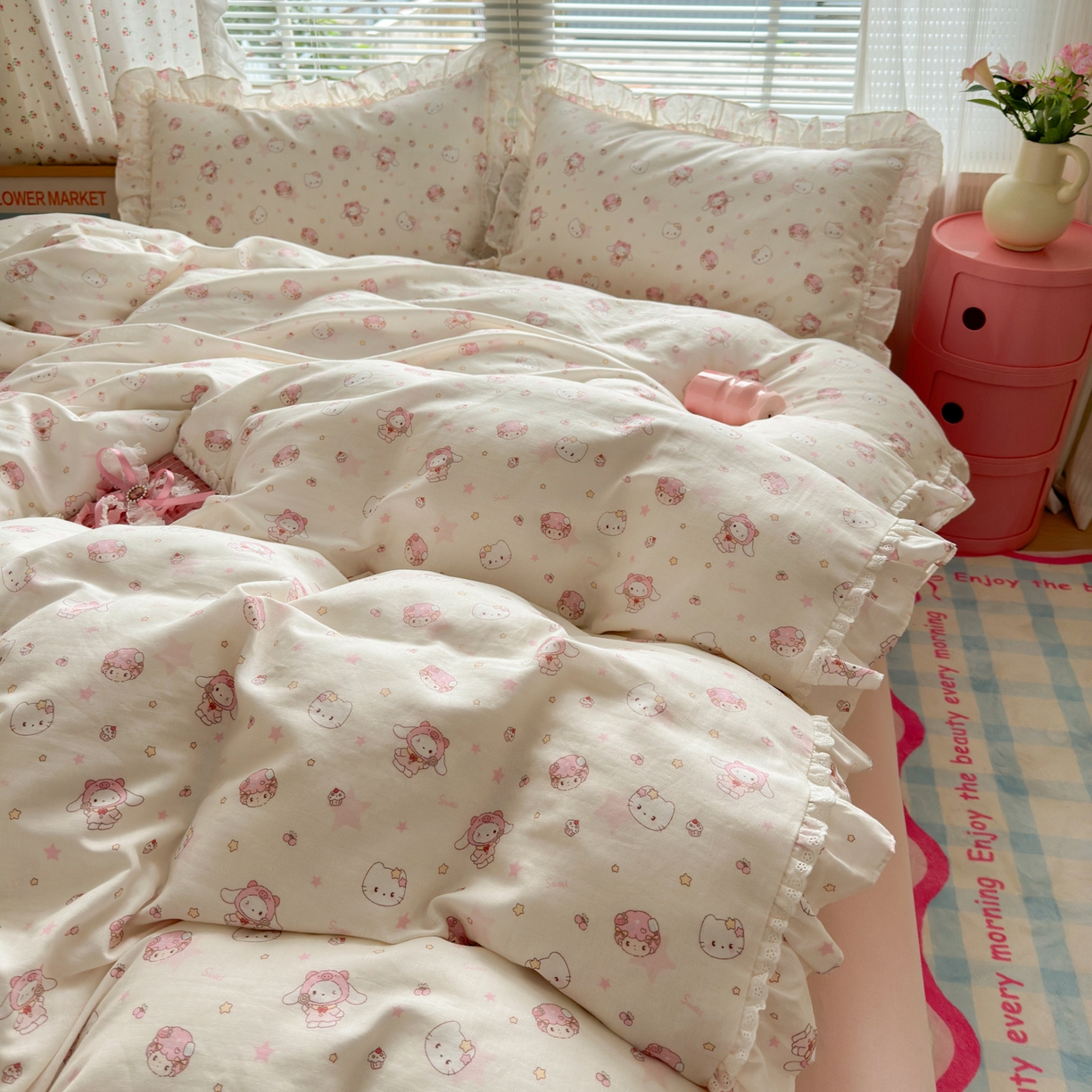 91家纺网 家纺一手货源 找家纺 淑女公社家纺 2025新款全棉纯棉双层纱四件套-可爱猫 可爱猫 白色