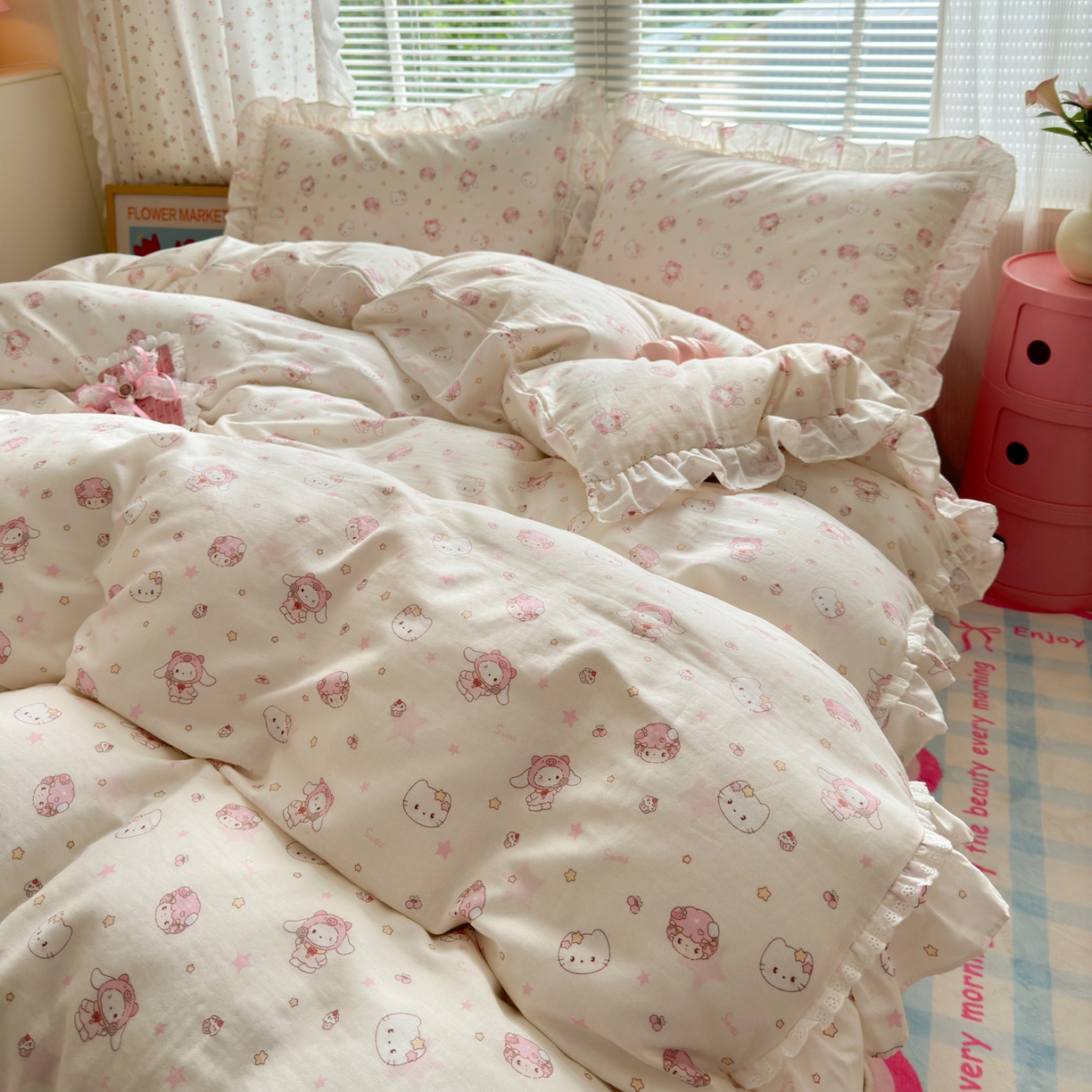 91家纺网 家纺一手货源 找家纺 淑女公社家纺 2025新款全棉纯棉双层纱四件套-可爱猫 可爱猫 白色