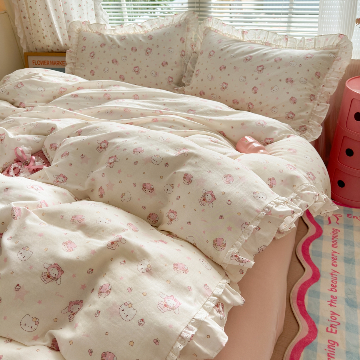 91家纺网 家纺一手货源 找家纺 淑女公社家纺 2025新款全棉纯棉双层纱四件套-可爱猫 可爱猫 白色