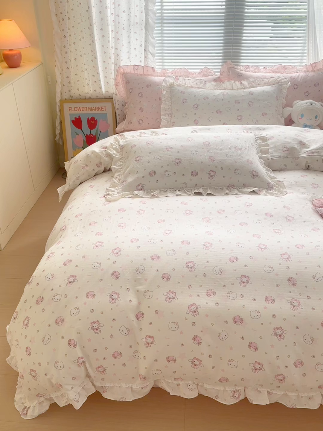 91家纺网 家纺一手货源 找家纺 淑女公社家纺 2025新款全棉纯棉双层纱四件套-可爱猫 可爱猫 白色