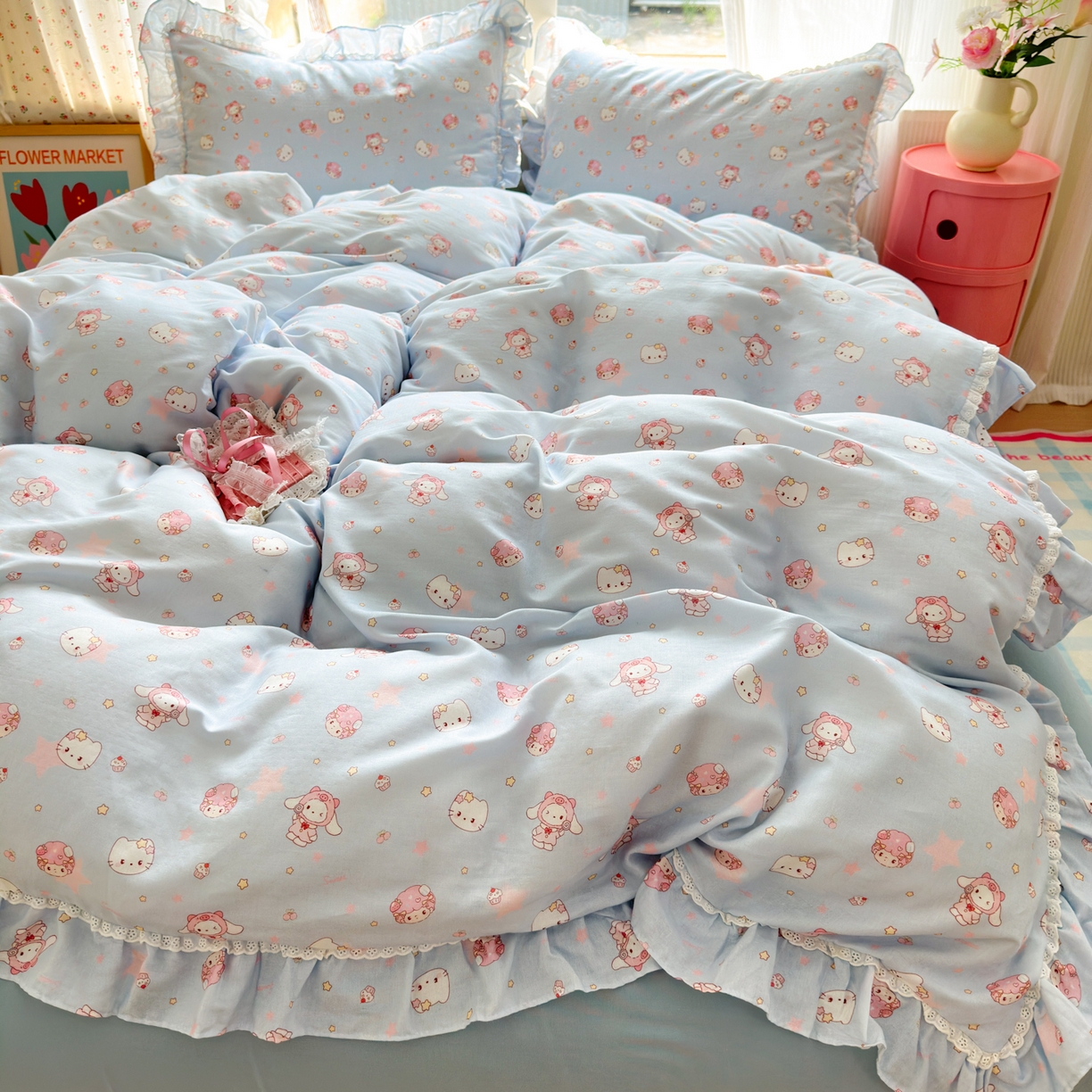 淑女公社家纺 2025新款全棉纯棉双层纱四件套-可爱猫 可爱猫 蓝色