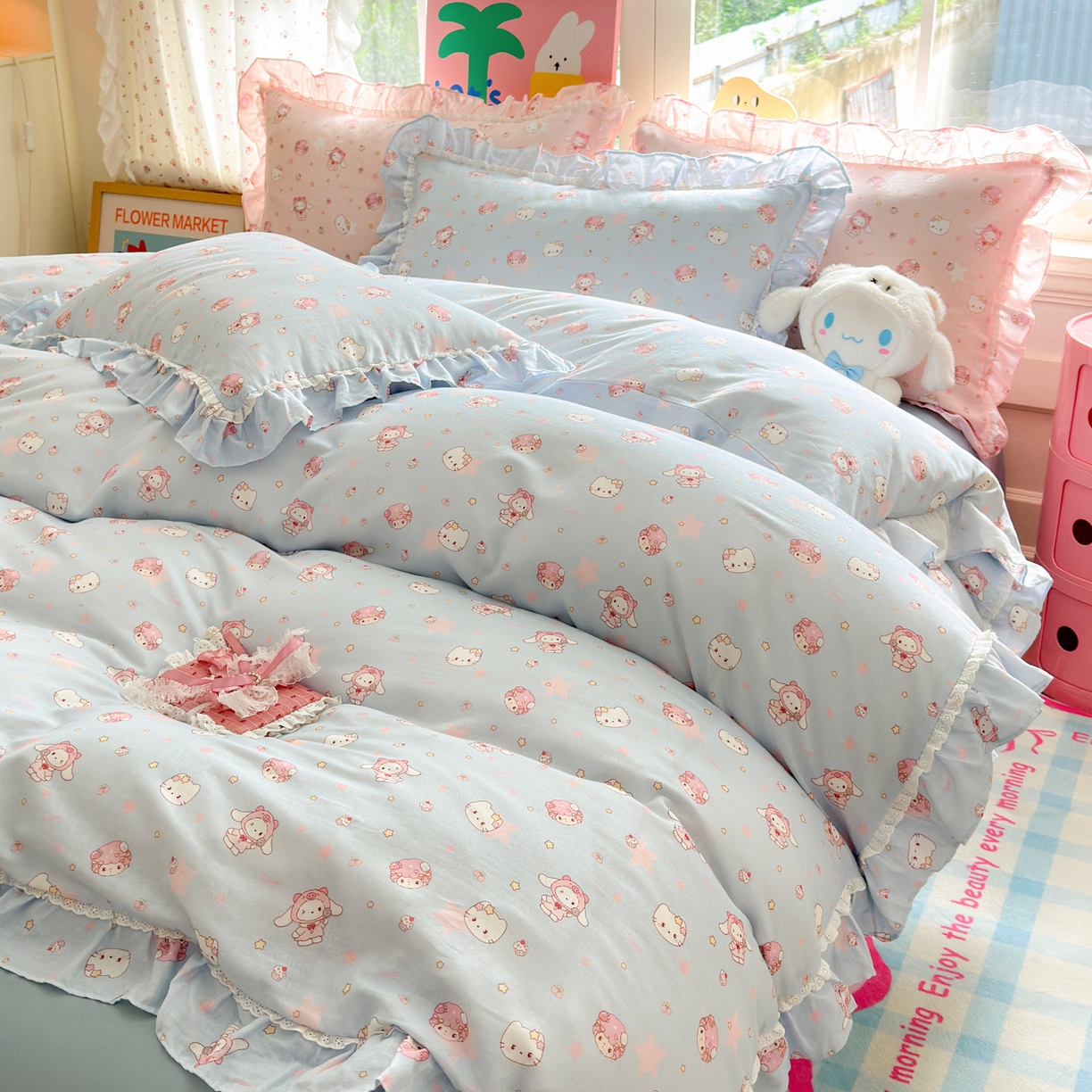 91家纺网 家纺一手货源 找家纺 淑女公社家纺 2025新款全棉纯棉双层纱四件套-可爱猫 可爱猫 蓝色