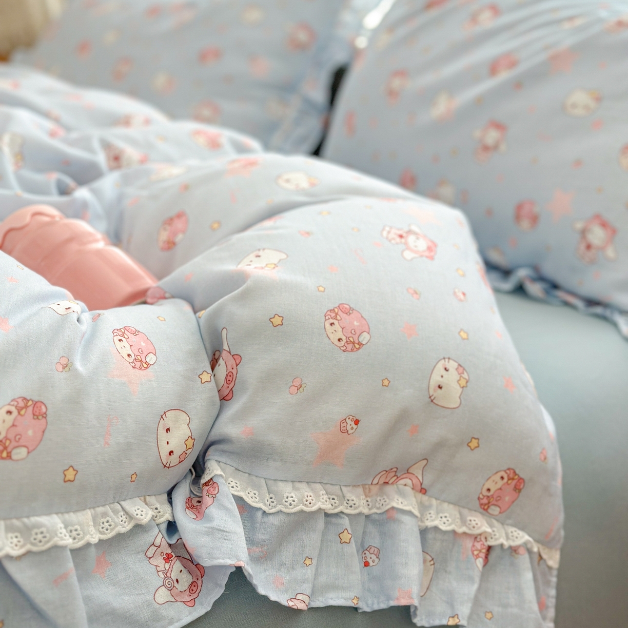 91家纺网 家纺一手货源 找家纺 淑女公社家纺 2025新款全棉纯棉双层纱四件套-可爱猫 可爱猫 蓝色