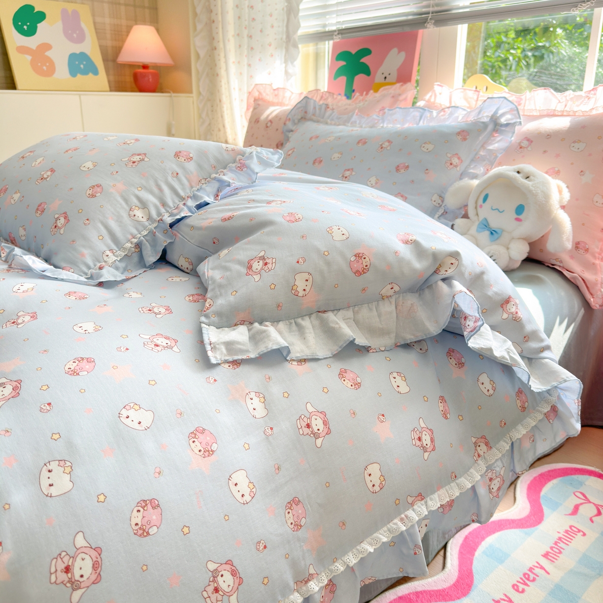 91家纺网 家纺一手货源 找家纺 淑女公社家纺 2025新款全棉纯棉双层纱四件套-可爱猫 可爱猫 蓝色