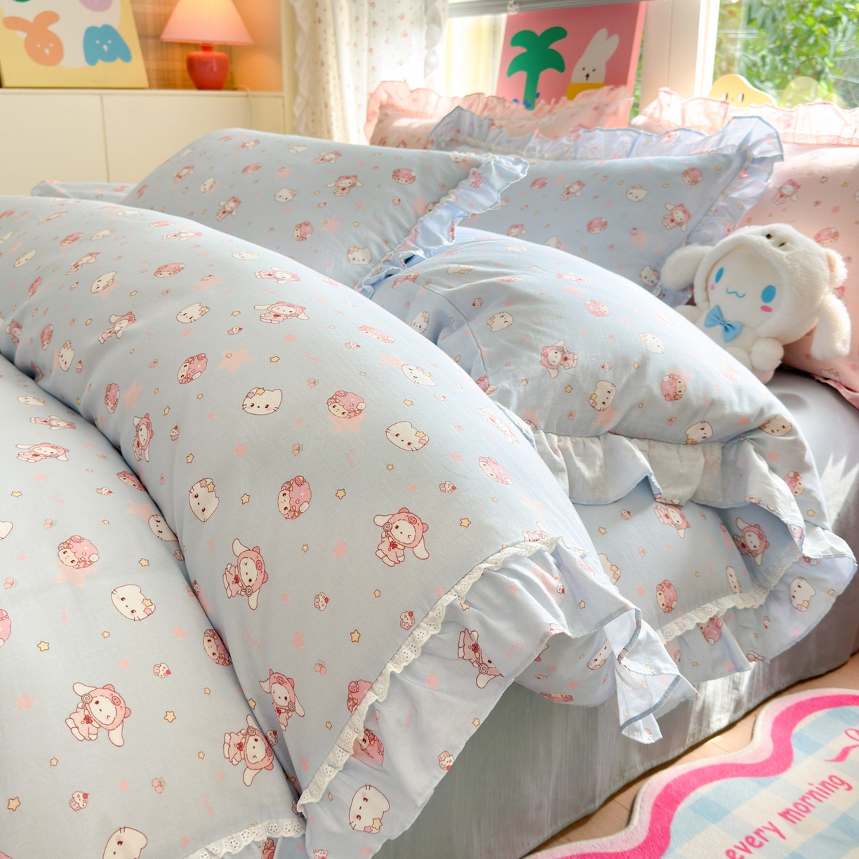 91家纺网 家纺一手货源 找家纺 淑女公社家纺 2025新款全棉纯棉双层纱四件套-可爱猫 可爱猫 蓝色