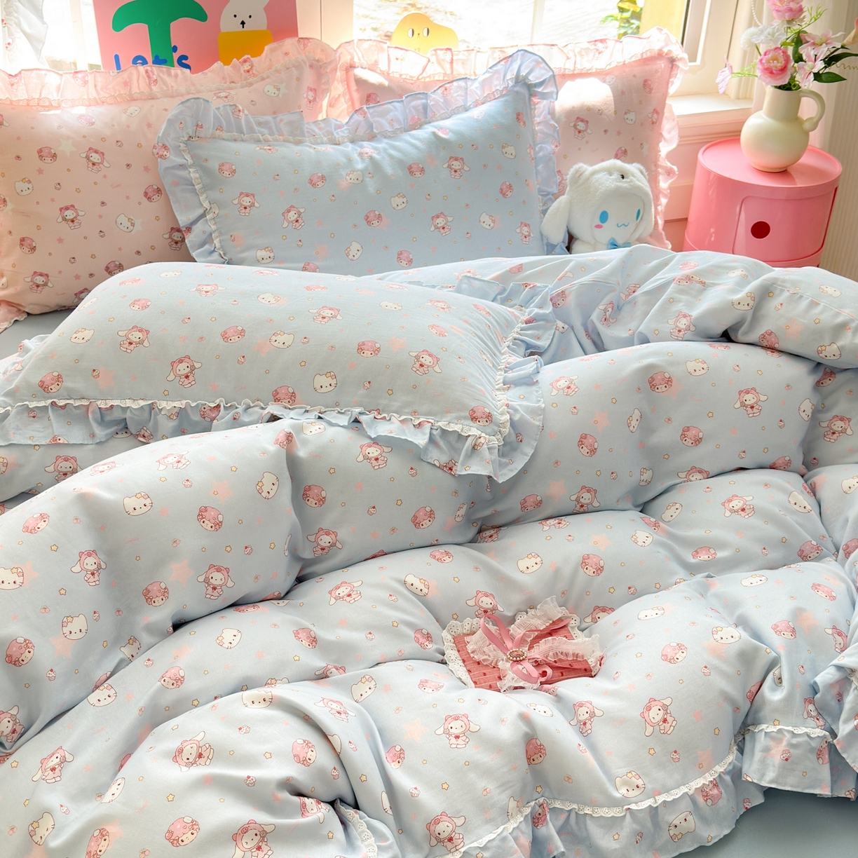 91家纺网 家纺一手货源 找家纺 淑女公社家纺 2025新款全棉纯棉双层纱四件套-可爱猫 可爱猫 蓝色