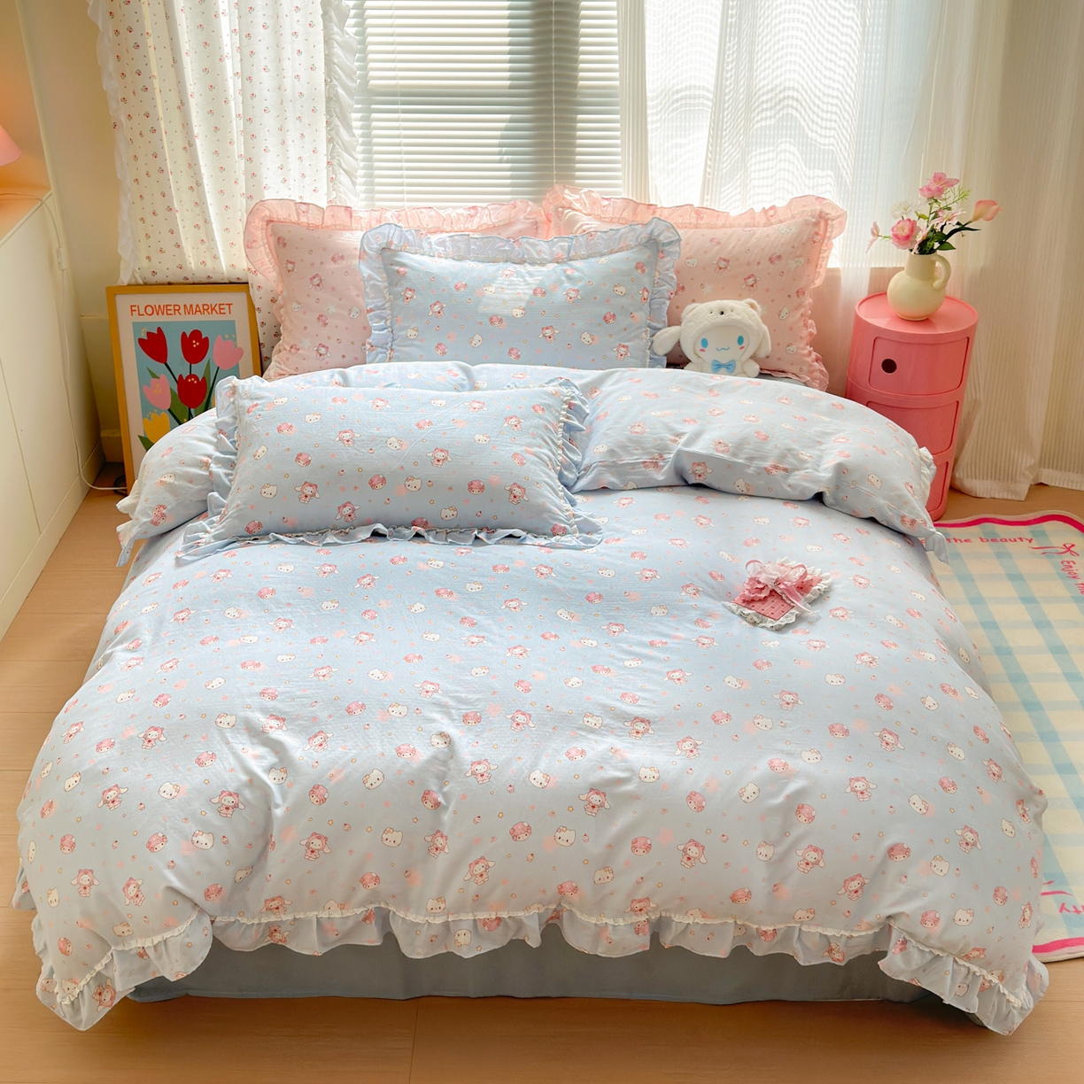 91家纺网 家纺一手货源 找家纺 淑女公社家纺 2025新款全棉纯棉双层纱四件套-可爱猫 可爱猫 蓝色