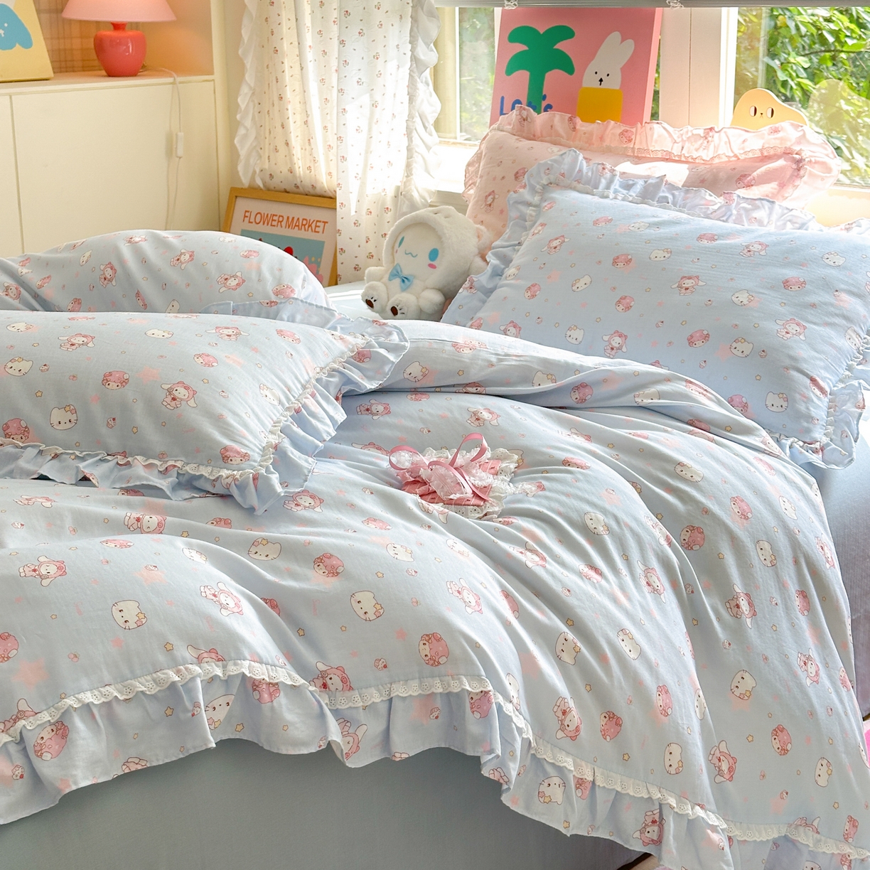 91家纺网 家纺一手货源 找家纺 淑女公社家纺 2025新款全棉纯棉双层纱四件套-可爱猫 可爱猫 蓝色