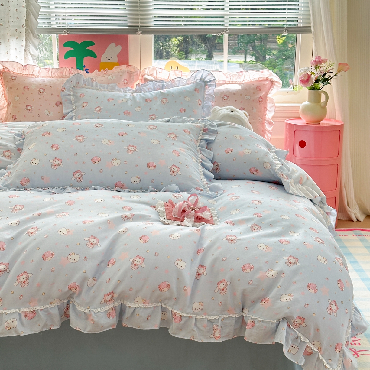 91家纺网 家纺一手货源 找家纺 淑女公社家纺 2025新款全棉纯棉双层纱四件套-可爱猫 可爱猫 蓝色