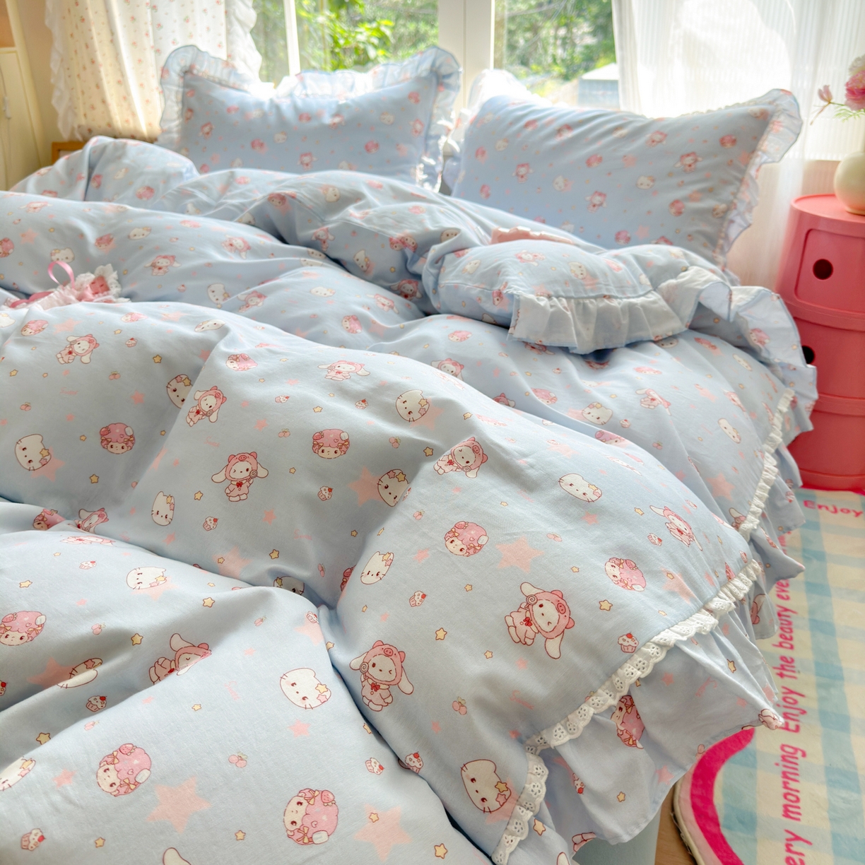 91家纺网 家纺一手货源 找家纺 淑女公社家纺 2025新款全棉纯棉双层纱四件套-可爱猫 可爱猫 蓝色